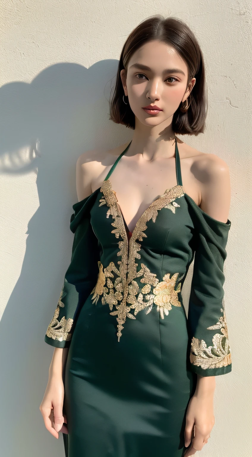 ((Top Quality, 8k, Masterpiece: 1.3)), (BRAV5:1.5)), Japan 1 Woman, (((Full Body Photo: 2.0)), Full Body Portrait, Shot from Below, (Nipple Shadow: 1.8), Nipple Shadow, Beautiful Girl with Slender Emphasis: 1.3, , (Very Thin Waist), Thin Waist, (Hairstyle Short, Small Breasts: 1.2), ( Very Slender Abs: 1.1)), (( dark green halter neck: 2.6, off-shoulder dress with a floral pattern: 3.5, gold embroidery on the chest: 1.3)), headband with a gold ornament, (nipple shadow: 1.3), outdoor, ultra-detailed face, detailed eyes, double eyelids,