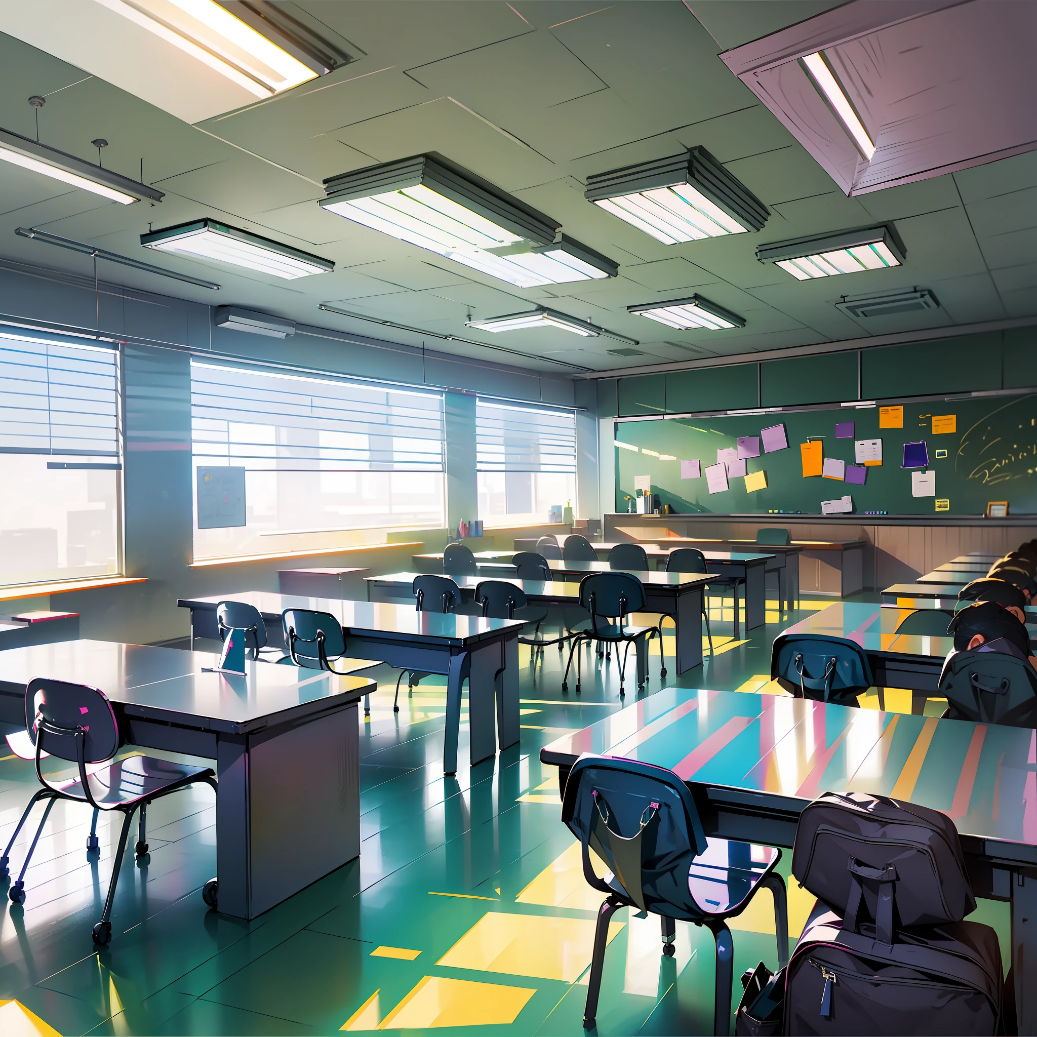 8k, (high-precision picture quality), classroom panorama, glass to create the entire classroom, (all glass material: 1.5), the teacher's podium is located in the front or side of the classroom opposite the student seat, the table and chairs are made of glass, arranged in rows, students can sit on it to listen to lectures and do homework, blackboard glass material in front or side of the podium, usually hang a variety of posters, pictures, class calendars and student works, classroom doors and windows glass material is usually located on one or both sides for ventilation and lighting, Lockers are usually made of glass on the side of the classroom for students to store bags and other items.