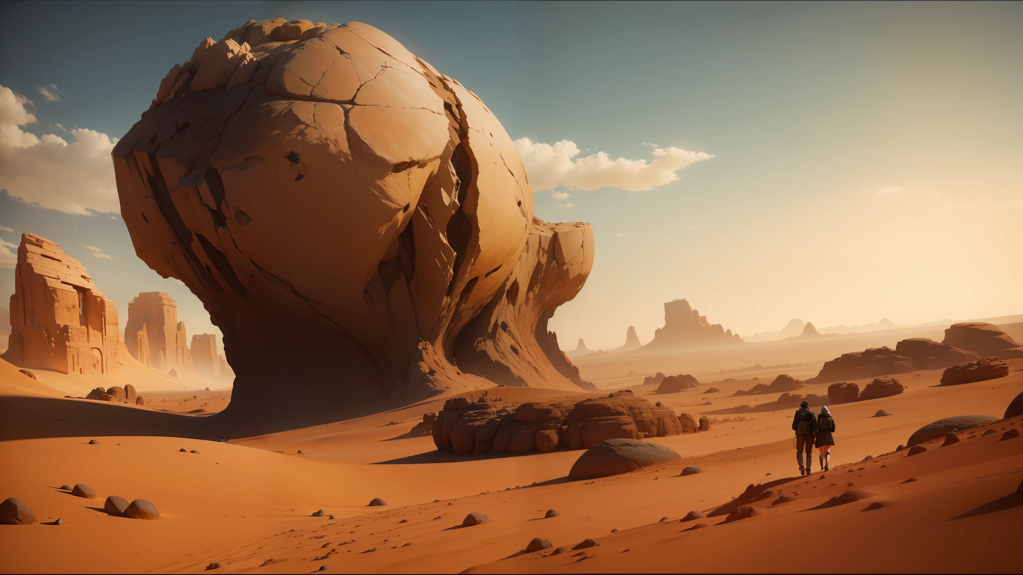 there are two people walking in the desert near a large rock, unreal engine 5 showcase, still from movie dune, inspired by Storm Thorgerson, by Yehia Dessouki, panoramic anamorphic, anamorphic lens flares, 3 dmax, surrealisme aesthetic, by Jean-Michel Atlan, moloch, broken landscape, surrealist landscape painting