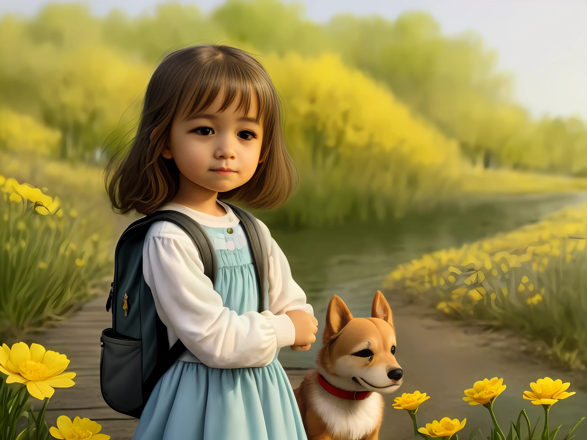 A very charming girl with a backpack and her cute puppy enjoying a lovely spring outing surrounded by beautiful yellow flowers and nature. The illustration is a high-definition illustration in 4k resolution, featuring highly detailed facial features and cartoon-style visuals.