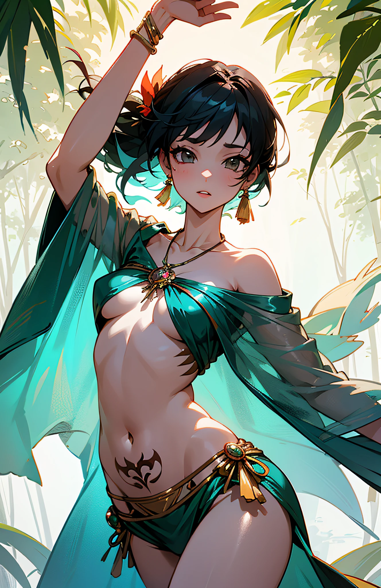 (masterpiece), (high resolution), 8K, light dance of cute fairies, floating in the sky, brutal sexual beauty, innocence, well-formed beautiful face, free pose, sexual appeal, daydream, naked, flowing tulle, fluttering veil, multicolored veil, floral hair ornament, crimson bracelet, tree leaf necklace, tattoo, shiny skin, loincloth shorts, (without bra), exposure, Jewelry ornaments on arms, medium chest, sheer, navel, shoulder, neck, collarbone line, arm ring ribbon, wreath, bracelet, anklet, pyroxene chain tassel around belly, ((strip dance)), (bright forest glade, dancing leaves, silhouette of branches and branches), ink wash, popular CGSTATION, masterpiece, recent quality, high resolution details, 32K