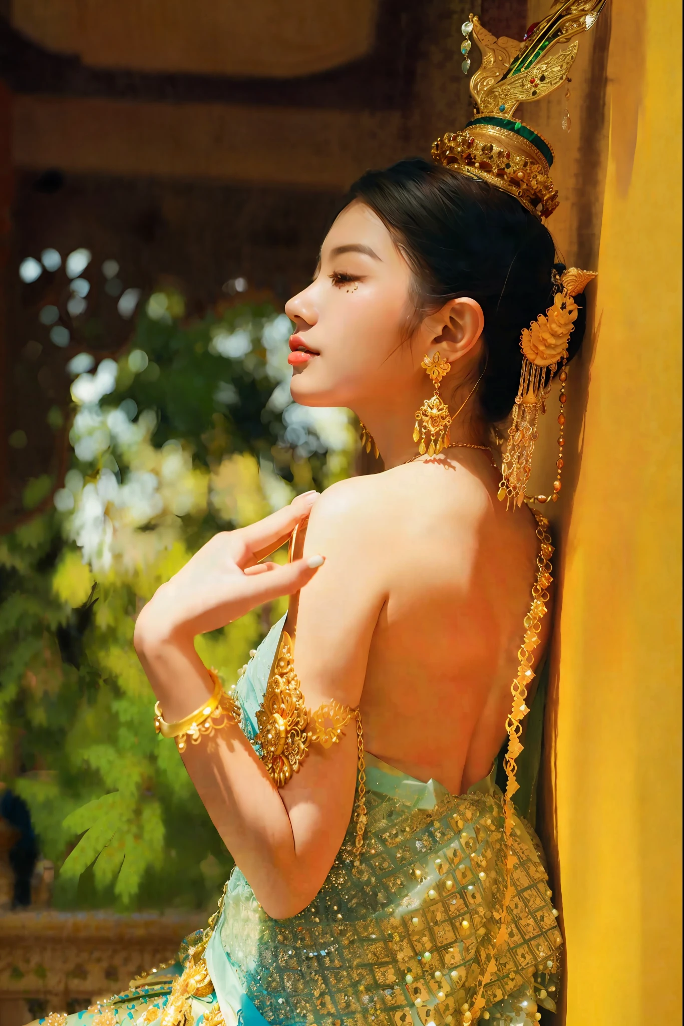 arafed woman in a blue dress and gold jewelry leaning against a yellow wall, traditional beauty, a beautiful fantasy empress, beautiful oriental woman, royal elegant pose, sukhothai costume, anime thai girl, beautiful goddess, ((a beautiful fantasy empress)), thailand art, gilded lotus princess, in style of thawan duchanee, aesthetic!!!!!! female genie