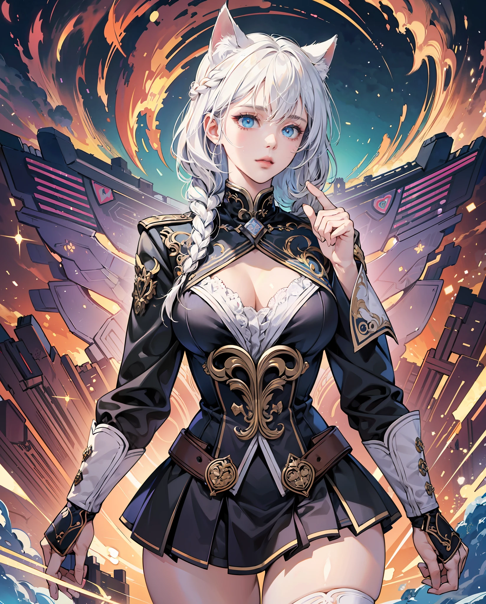 Solo, russian girl, full body, young adult body, gigant chest, Hyperdetailed school background, School, Detailed medium white hair braid, hair braid, Cat ears, beautiful, Detailed eyes, blue eyes, Side view, torso shot from waist, Thick lineart, Anxious, Hyperdetailed natural light, detailed reflection light, volumetric lighting maximalist photo illustration 64k, resolution high res intricately detailed complex, key visual, precise lineart, vibrant, panoramic, cinematic, masterfully crafted, 64k resolution, beautiful, stunning, ultra detailed, expressive, hypermaximalist, colorful, rich deep color, vintage show promotional poster, glamour --auto --s2