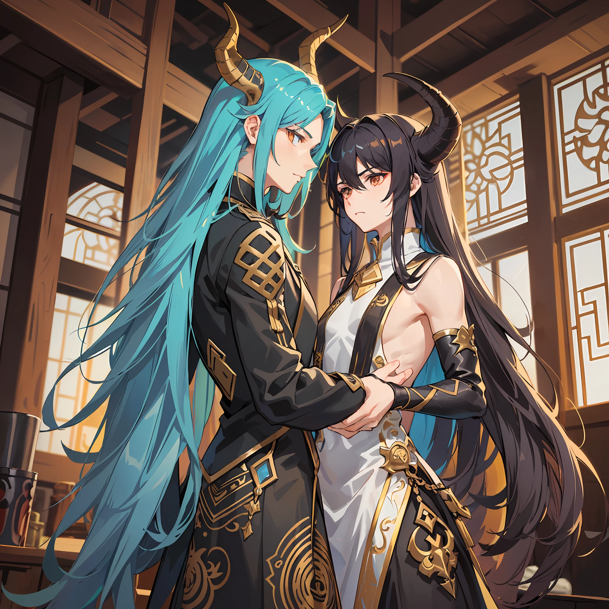 (Game character with long horns and long tail) holding (tail), (anime long-haired boy) beautiful long hair, (game handsome guy) mature and charming, (zerochan art) handsome and elegant, (tomorrow's ark character) Zhongyue, Dragon, Dayan , (game male character) CG art. Brilliant details, brilliance in hand, an amazing scene,(Female boy:1.5) ,(male focus: 1.5),