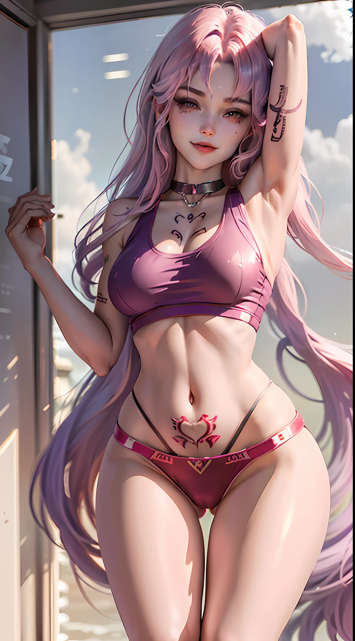 (The tail end is heart-shaped 💟 A purple haired girl with a long ponytail hairstyle and a seductive charm (with a red seductive tattoo on her lower abdomen), a transparent super tight and low waisted mini skirt, (with a super low waist), a full body photo, hands raised above her head, a sexy girl with a sexy, happy smile, blushing, shy, (with a revealing lower abdomen), a charming expression, a frown of disgust, a red seductive tattoo, a purple haired girl with a long ponytail hairstyle, Transparent top, oversized bust, oversized bust, Charm, ((with red Charm tattoo on the lower abdomen), transparent super tight and low waisted mini skirt, (with ultra-low waist), full body photo, hands raised above the head, sexy girl, sexy, happy smile, blushing, shy, (with revealing lower abdomen), charming expression, disgusted frown, (with eye details portrayed), sexy long legs, slim waist, sweat droplets on the waist, (with sexy vest line), (Revealing his lower abdomen), crouching with his legs o