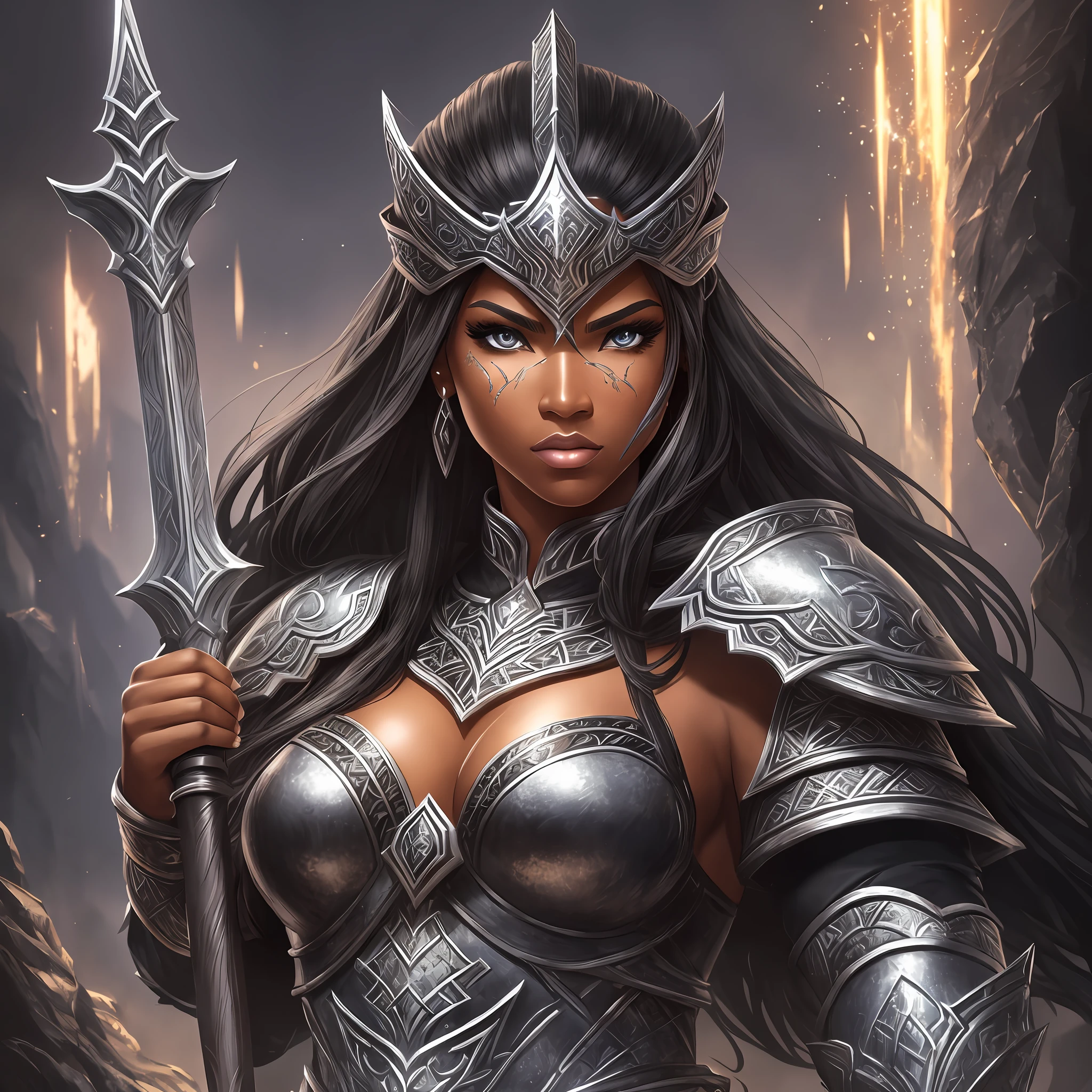 Create an impactful and detailed illustration of a black RPG warrior, dressed in high-quality armor and with a determined and strong expression on her face. Include fantasy elements, such as a unique weapon or magical powers, and highlight the natural beauty and pride of the figure. Use lighting and shadows to accentuate the intensity of the scene ((large bust and eye-catching clothing, ultra detail on the skin)) --auto --s2