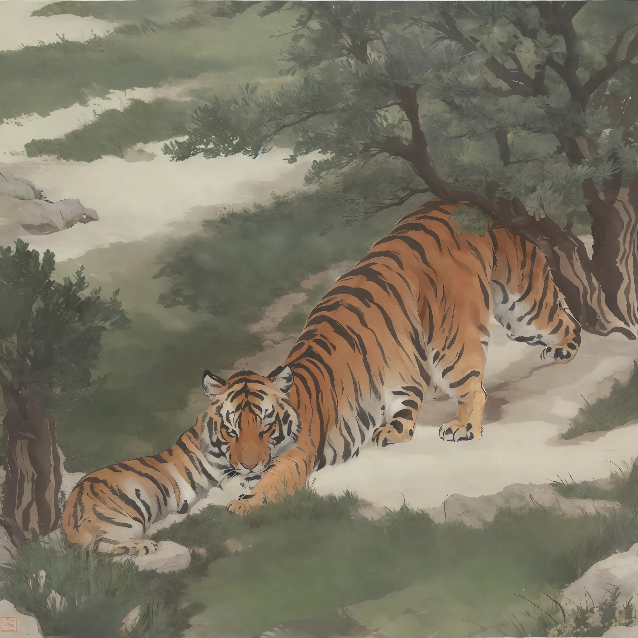 (((masterpiece))),bestquality,illustration,beautifuldetailedglow,
paper_cut, tiger,pines,stone,grass,tree