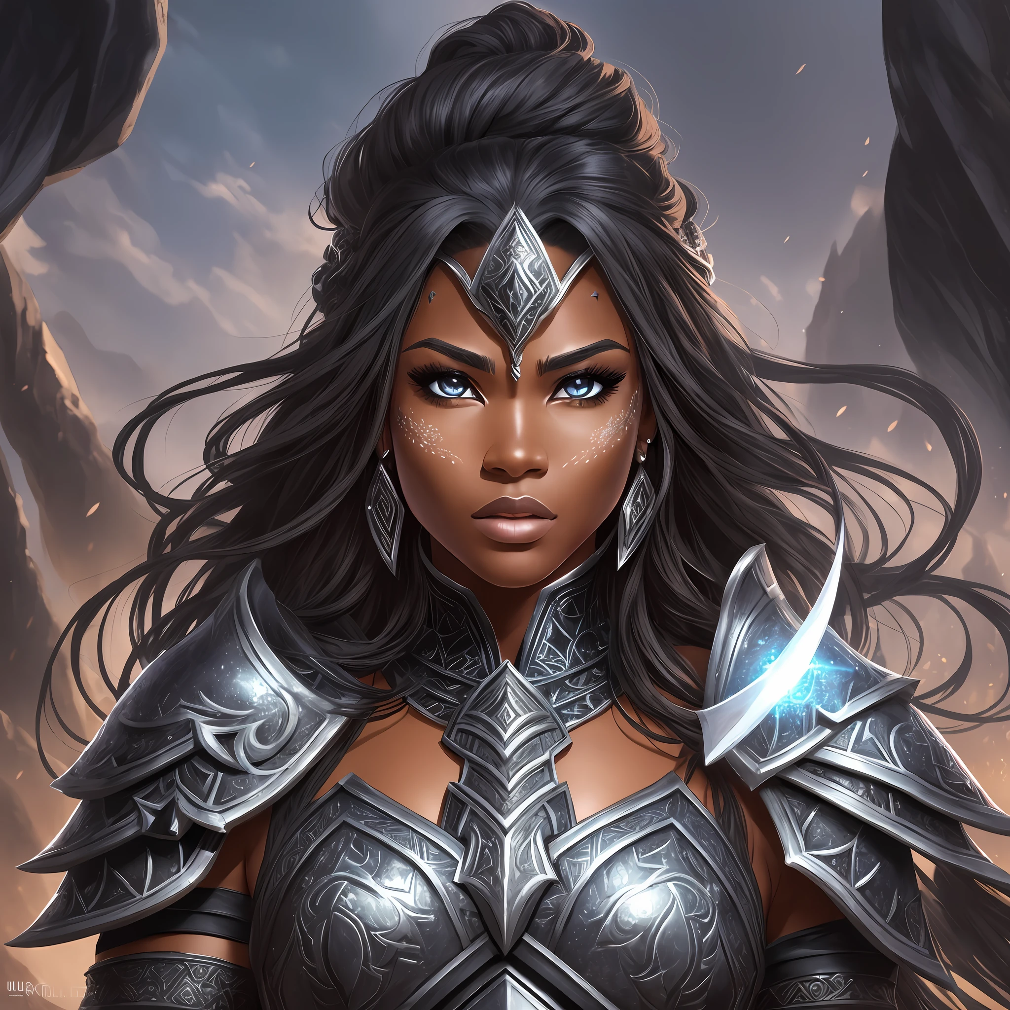 Create an impactful and detailed illustration of a black RPG warrior, dressed in high-quality armor and with a determined and strong expression on her face. Include fantasy elements, such as a unique weapon or magical powers, and highlight the natural beauty and pride of the figure. Use lighting and shadows to accentuate the intensity of the scene ((large bust and eye-catching clothing, ultra detail on the skin)) --auto --s2