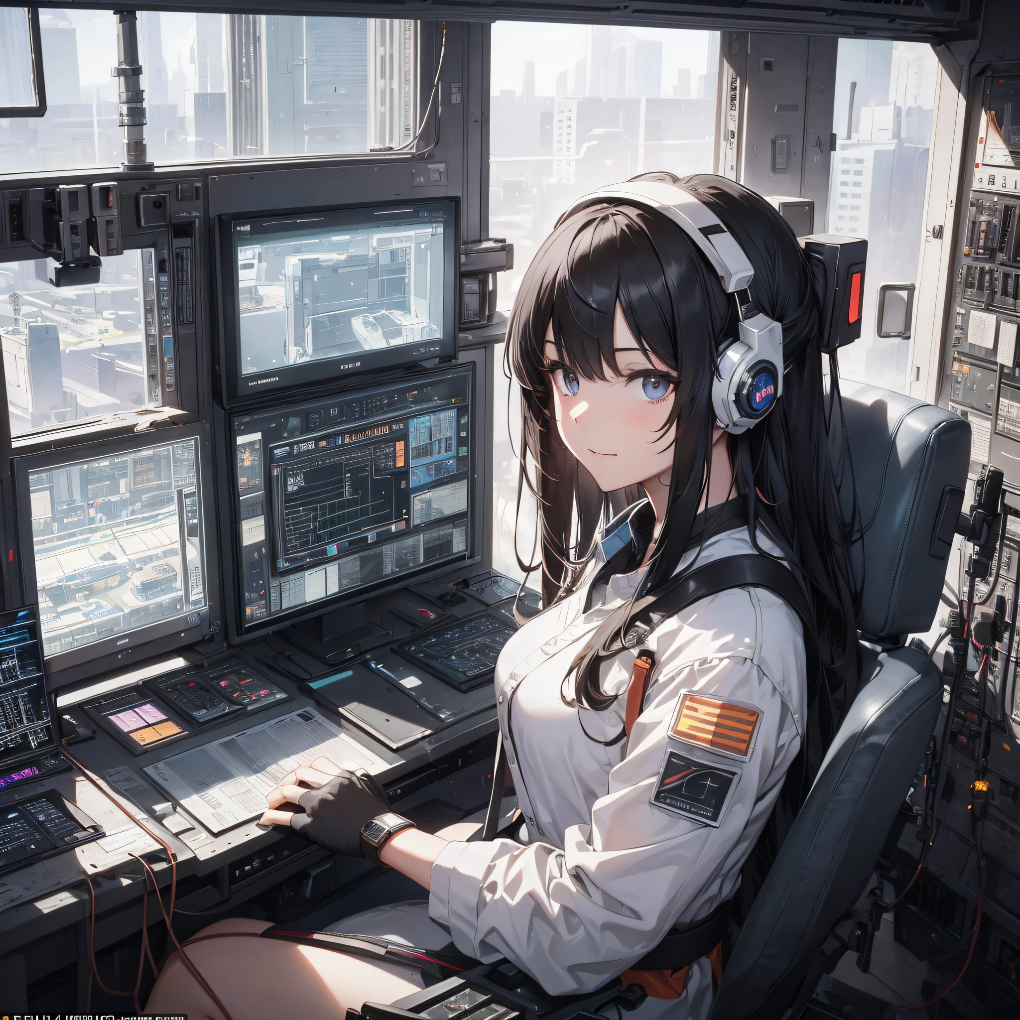 Absurd resolution, high resolution, (masterpiece: 1.4), hyper-detail, black-haired young woman dressed as a technician, excited expression, sitting in an extremely narrow mecha control room, looking out the window to see the sky, operation