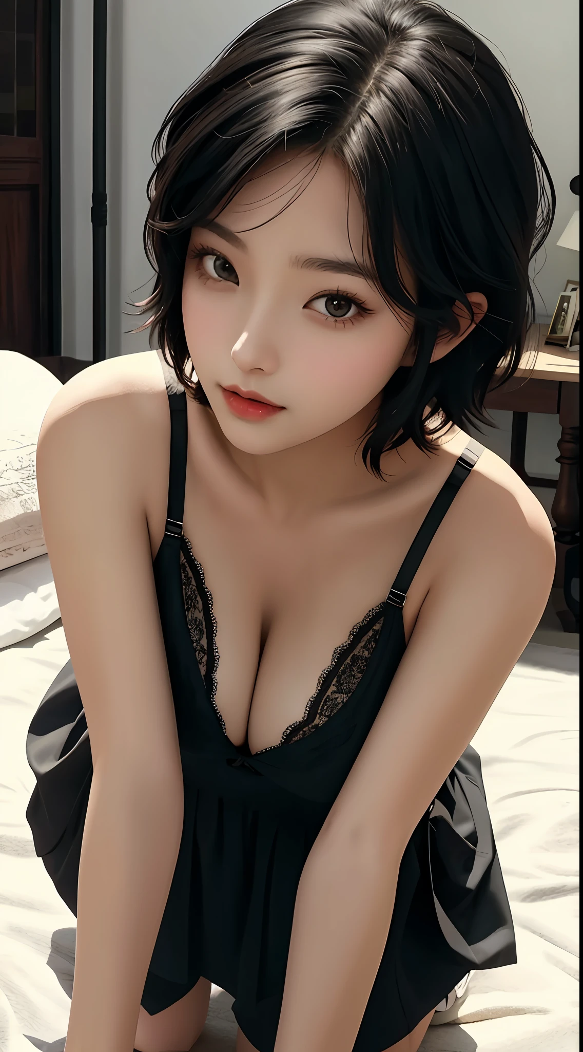 girl, one, best quality, beautiful, cute, -big, short hair, masterpiece, bra, black hair, beautiful ass, aface, world's most beautiful, shiny, on all fours