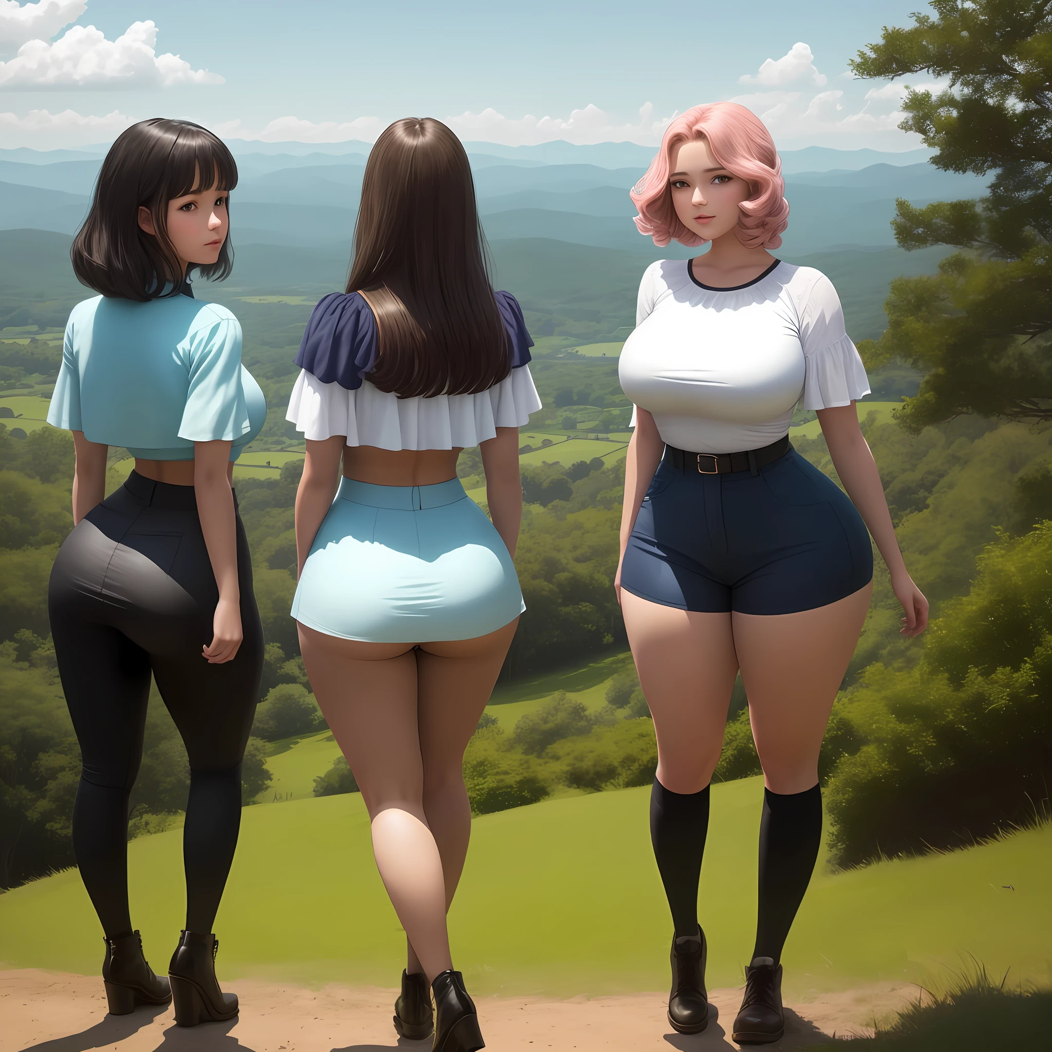 Three young girls,weared sexy tops, big ass, big tits,standing on hill,watching at sky