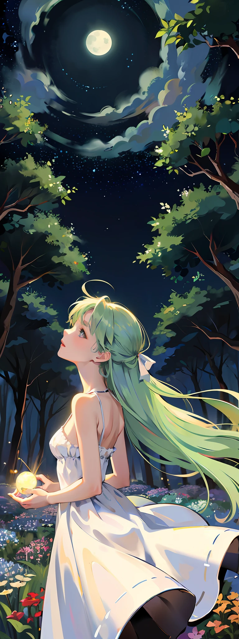 ((Starry Sky, Full Moon, Forest)), from below, (whole picture, sky above, garden garden below), Long focal length, ultimate sense of picture, elegant woman, looking up at the moon, solo, wind, magic colors, fractal art, dreamy colorful, grass house, flowing, summer
