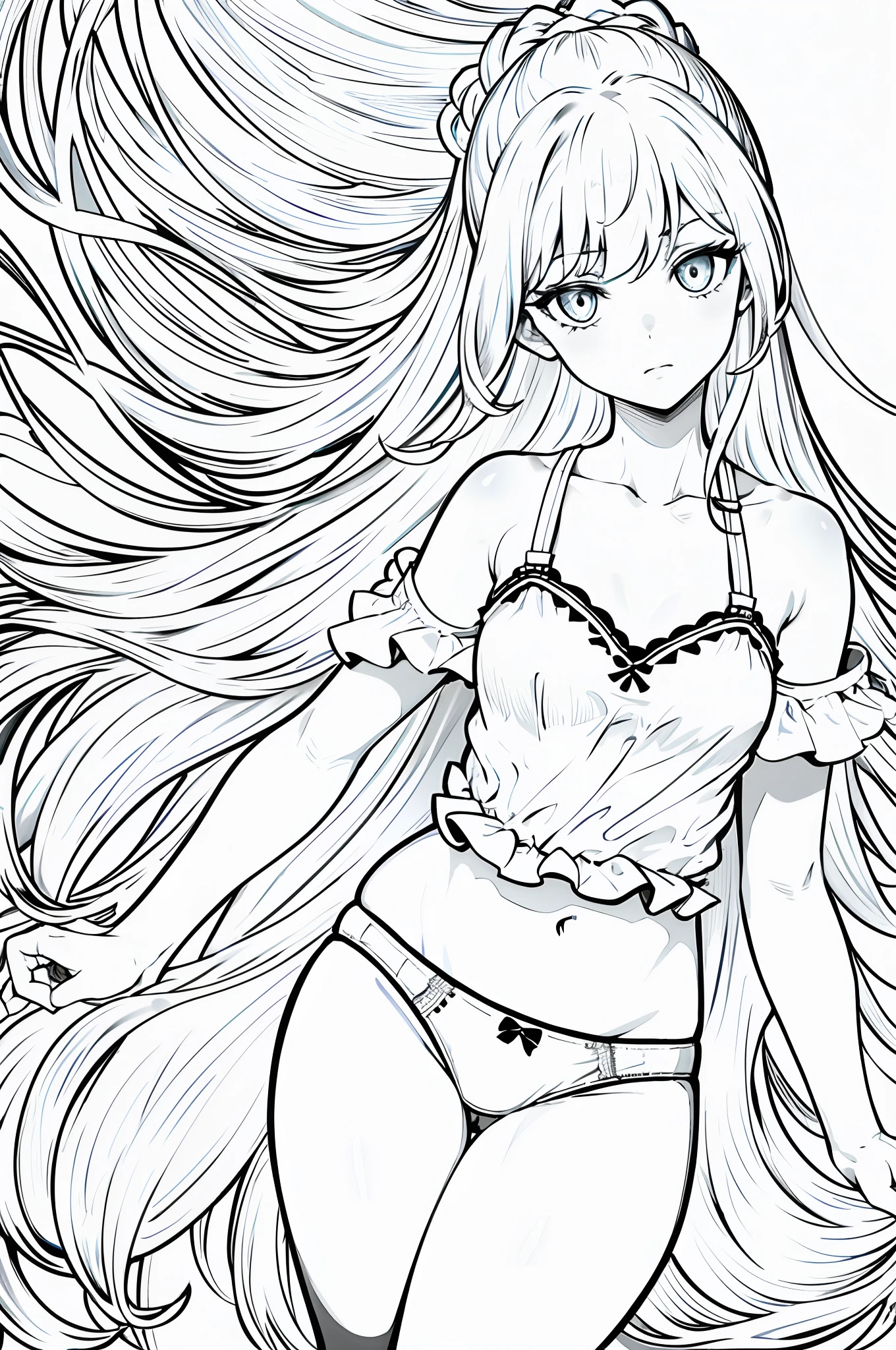 best quality, lineart, 1 girl,no clothes, underwear, clear background, beautiful eyes, lineart, monochrome, shoulder lenght hair, stoic