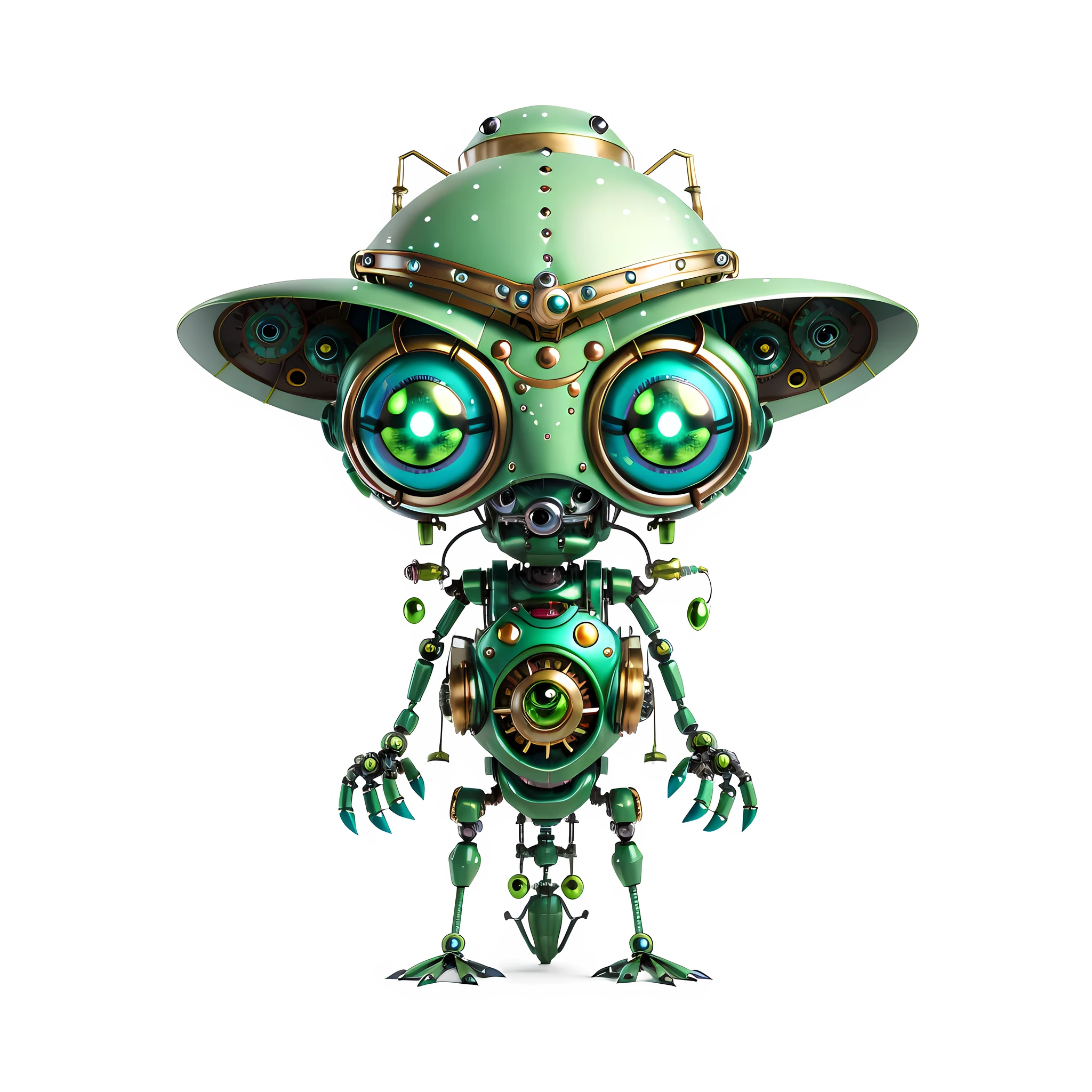 cartoon alien robot with green eyes and a hat on, cute elaborate epic robot, steampunk robot ant, cute robot, beautiful robot character design, steampunk robot, cute robot with grass hair, an alien, cute humanoid robot, cyberpunk frog, starfinder character, portrait of a futuristic robot, anthropomorphic character, ver.ka mecha machinarium