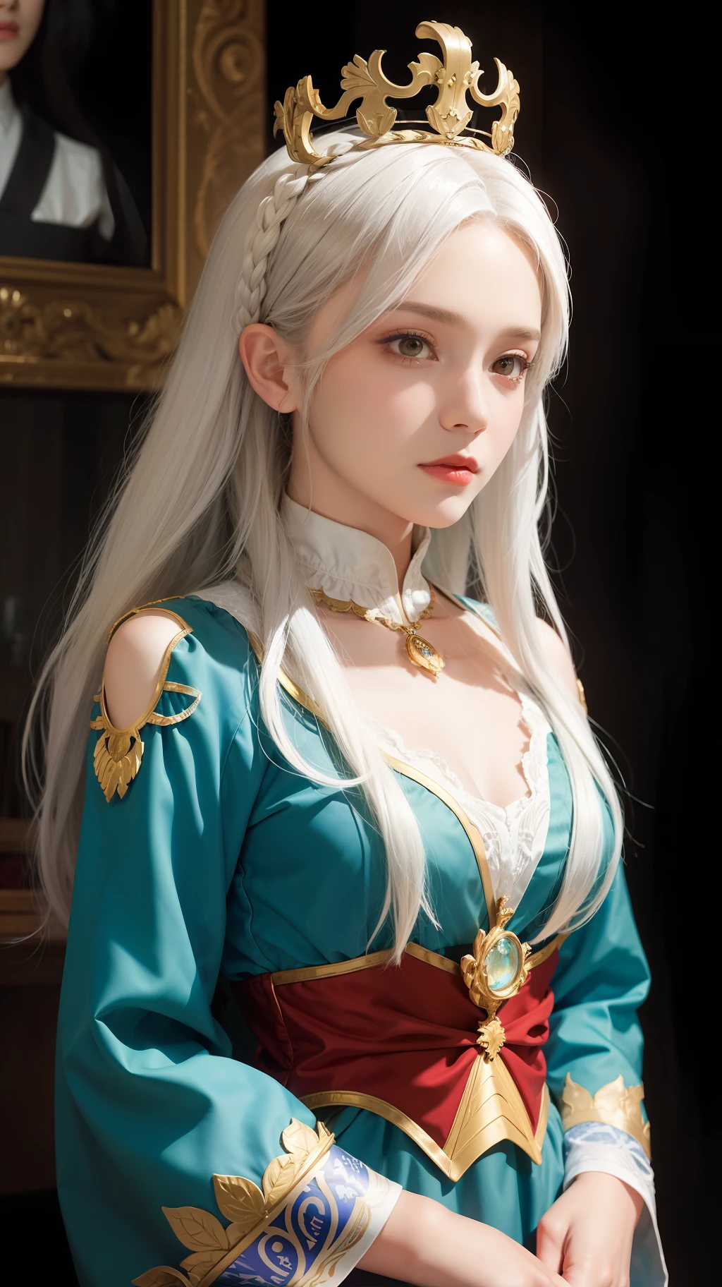 (In the Dark: 1.6), surreal female portrait by David Hockney and Alphonse Mucha, fantasy art, photorealism, dynamic lighting, artstation, poster, volumetric lighting, very detailed faces, 4k, Awarded,, 1girl, in the dark, deep shadow, low key, cowboy lens, (Red phoenix dress: 1.4), long hair, white hair, bust, luxurious palace, Royal style, crown on head,