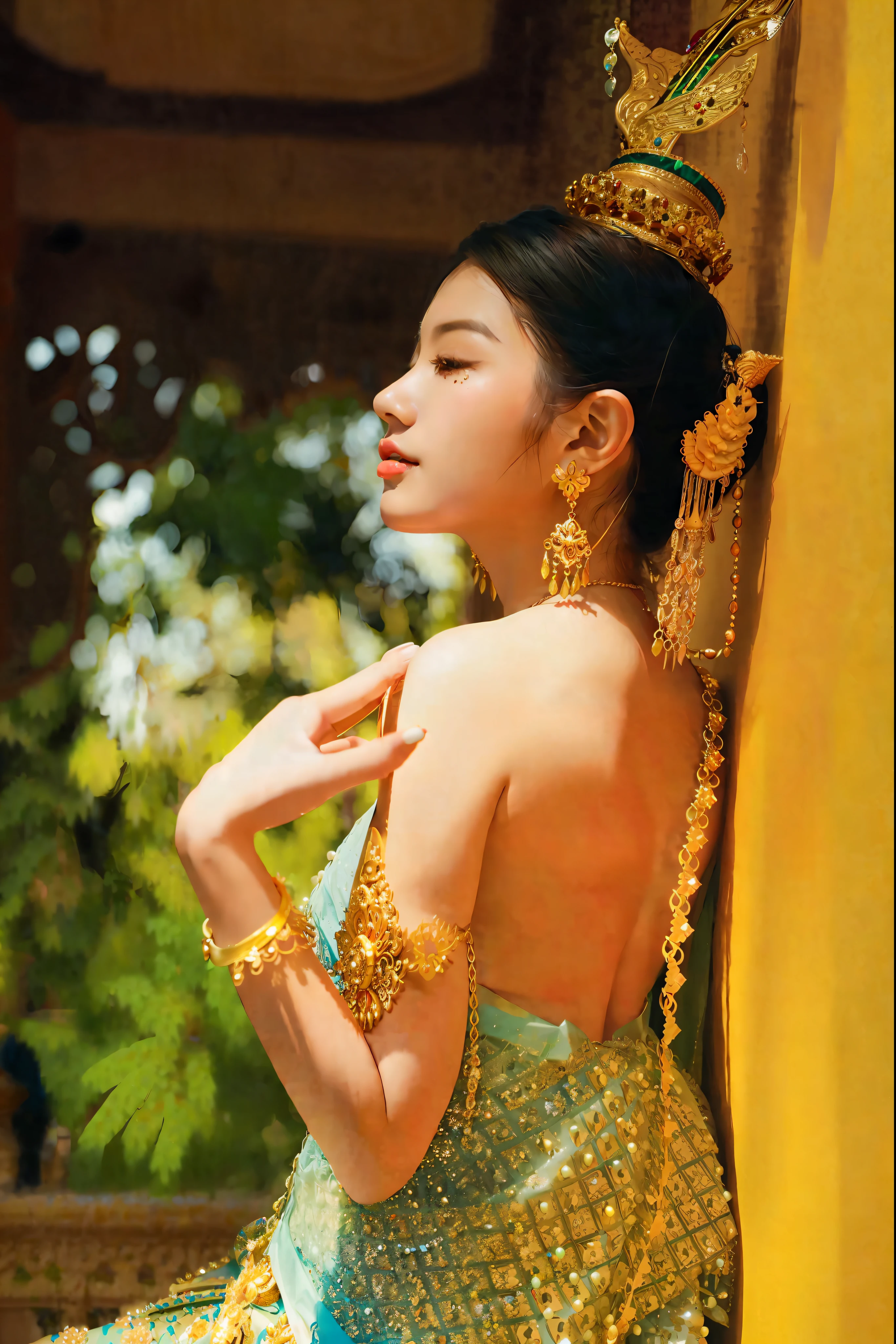 arafed woman in a blue dress and gold jewelry leaning against a yellow wall, traditional beauty, a beautiful fantasy empress, beautiful oriental woman, royal elegant pose, sukhothai costume, anime thai girl, beautiful goddess, ((a beautiful fantasy empress)), thailand art, gilded lotus princess, in style of thawan duchanee, aesthetic!!!!!! female genie
