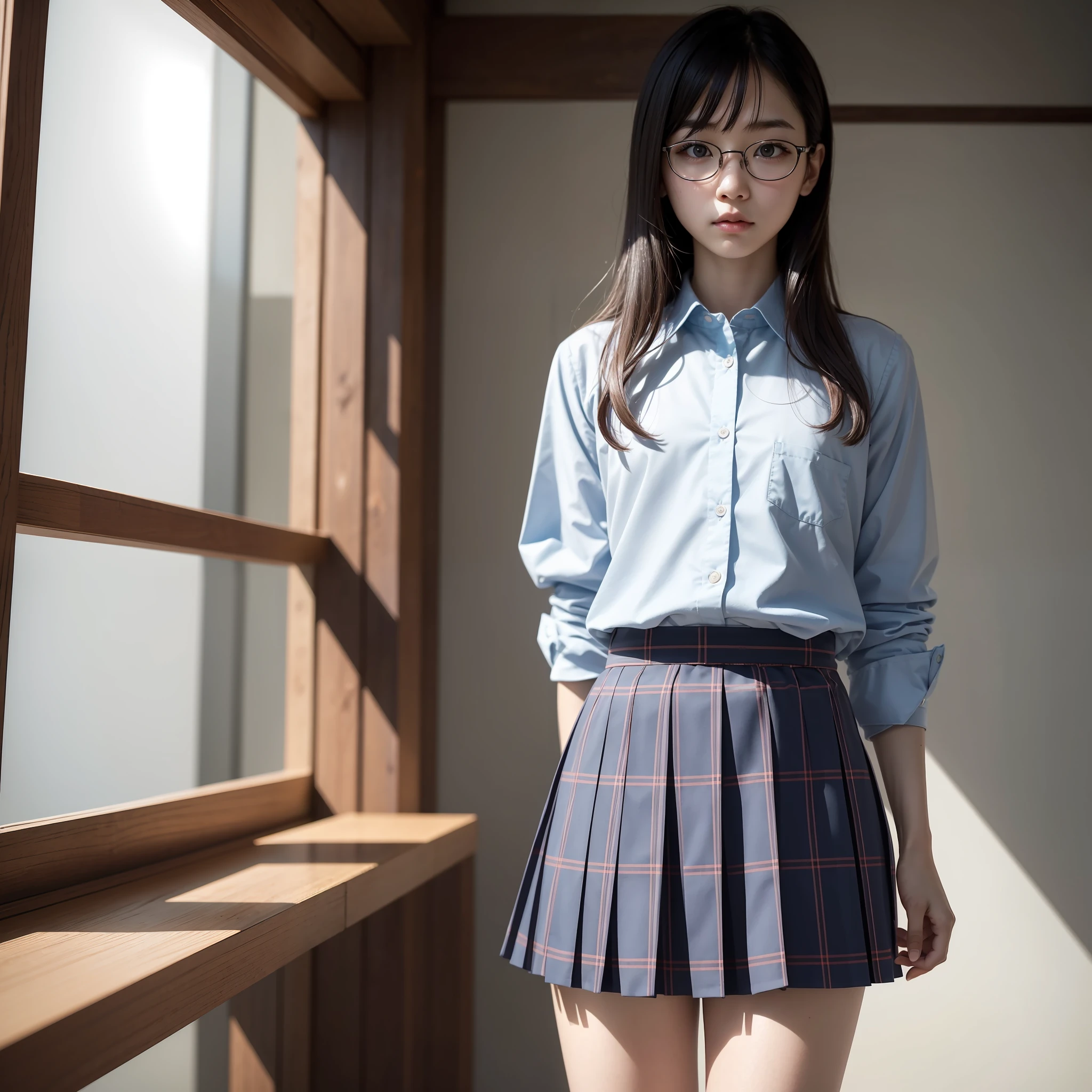 Raw photo, Candid, Textured skin, 1 girl, solo, full body, (medium hair:1.2), pale skin, Japan person, glasses, small, young, tall, dark expression, bright black eyes, narrow eyes, anger, school uniform, blue and light blue checked skirt, slender body, medium build, small waist, wide thighs, photorealistic, best quality, 8k, masterpiece, sawamura spencer・