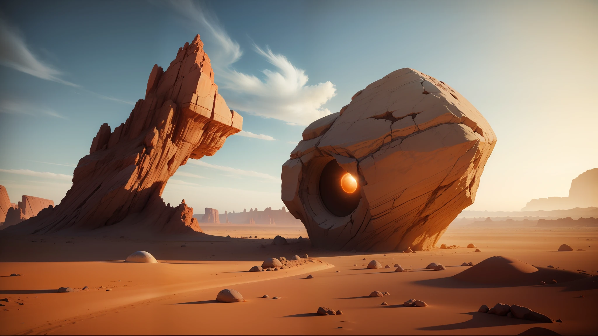 there is a large rock in the middle of a desert, rolands zilvinskis 3d render art, inspired by Storm Thorgerson, unreal engine 5 render dramatic, emotional and expressive, many giant eye balls, beautiful singularities, desert circus, boulders, cgsocciety r/art, shattered wall, dreamworld