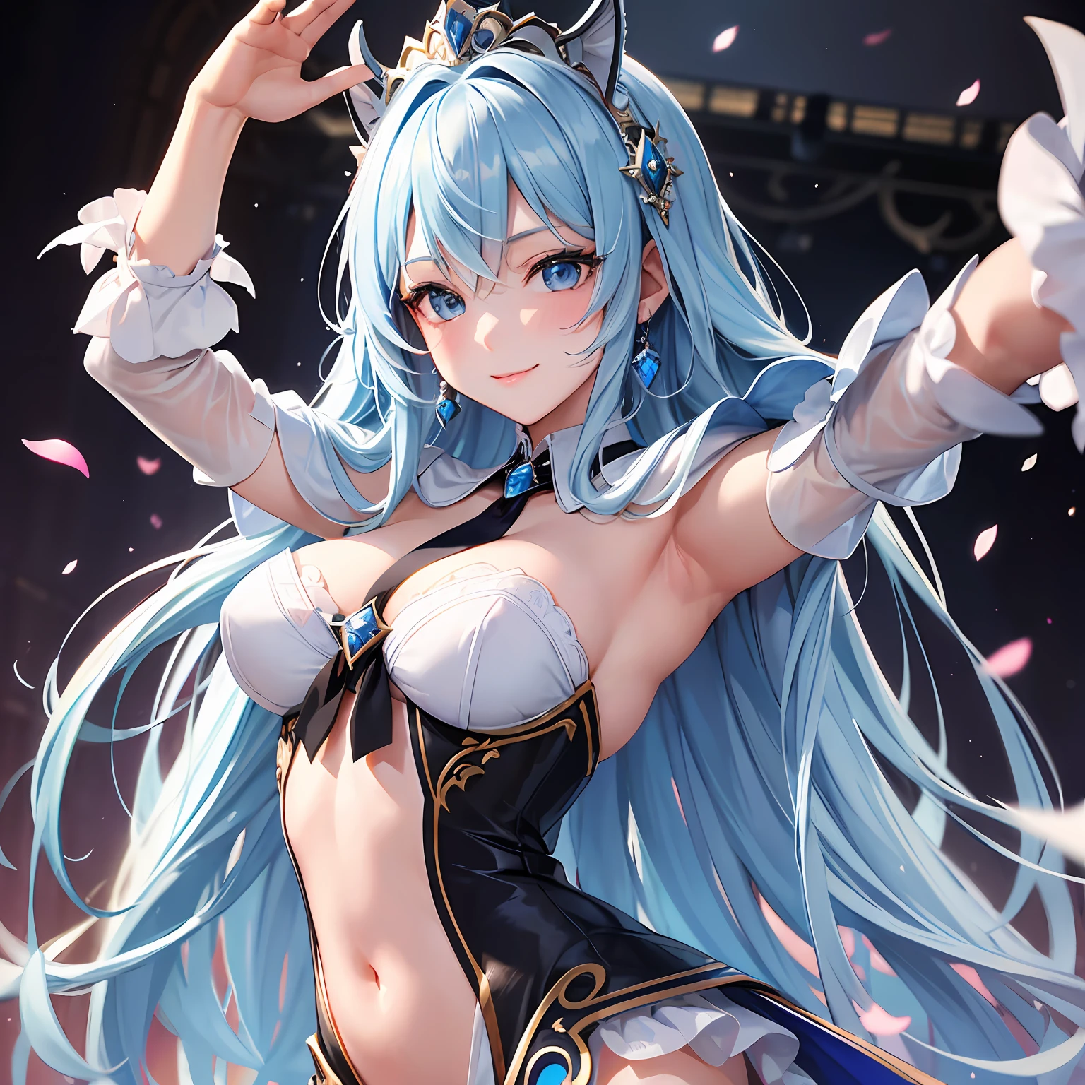 ((Masterpiece)), ((Best Quality)), (Ultra Detailed), ((Lively)), ((Diva)), Best Quality,1 Girl, Blue Eyes, Fair Skin, Detailed Face, Straight Hair, Long Hair, Sky Blue Hair,White Cape,Princess Line,Black String Tie,Bangs Above One Eye, Small,((Skinny)), (Detail)+, (Real)-, Smile, Dynamic Pose, Sky blue dress,sexy and beautiful, high detail eyes, on stage,wind, (colorful light)++, blush + --auto --s2