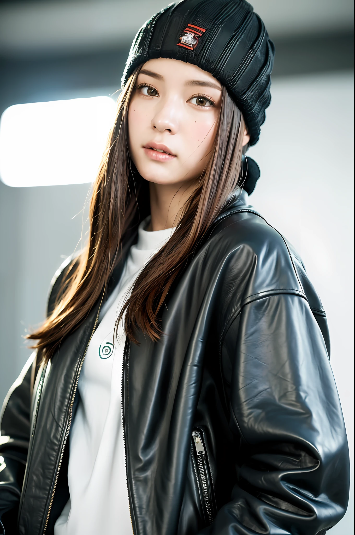 (
(8k:1.27), best quality, masterpiece, ultra highres:1.2) Photo of Pretty Japanese woman
(beautiful:1.1) (sci-fi warrior woman:1.1) space soldier, (beanie:1.61) (leather jacket:1.21) intricate elegant, fantasy, detailed, ometric by greg rutkowski and alphonse mucha, gradient lighting