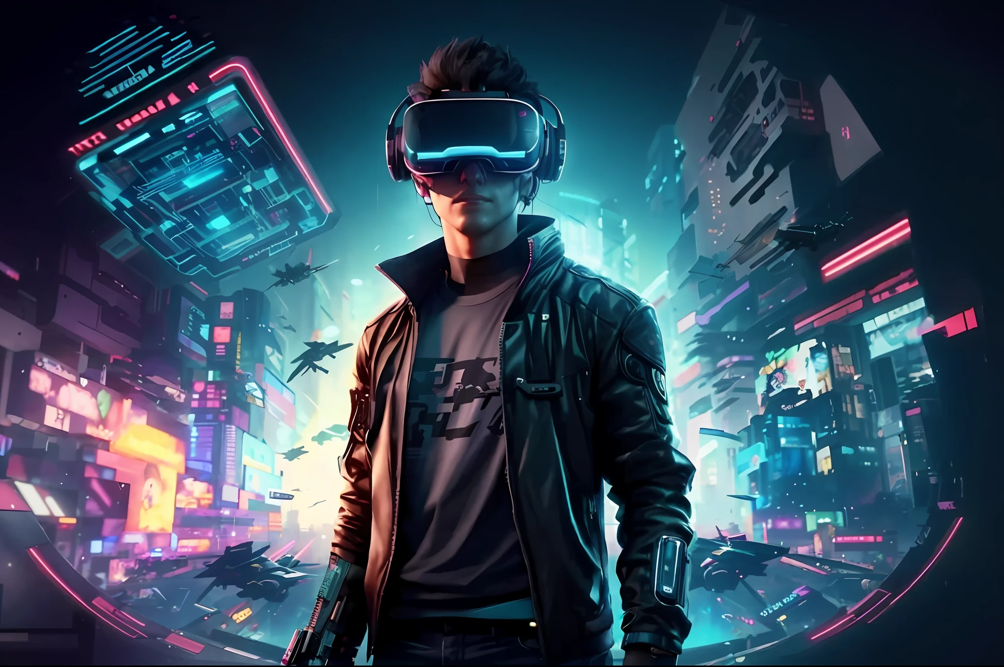 a man in a black jacket and glasses stands in front of a futuristic city, vr game, cyberpunk vibe, cyberpunk vibes, deeper into the metaverse we go, has cyberpunk style, cyberpunk theme, in cyber punk 2077, cyberpunk futuristic, cyberpunk future, synthwave, wearing cyberpunk streetwear, futuristic cyberpunk, cyberpunk tech, retro cyberpunk, synthwave style