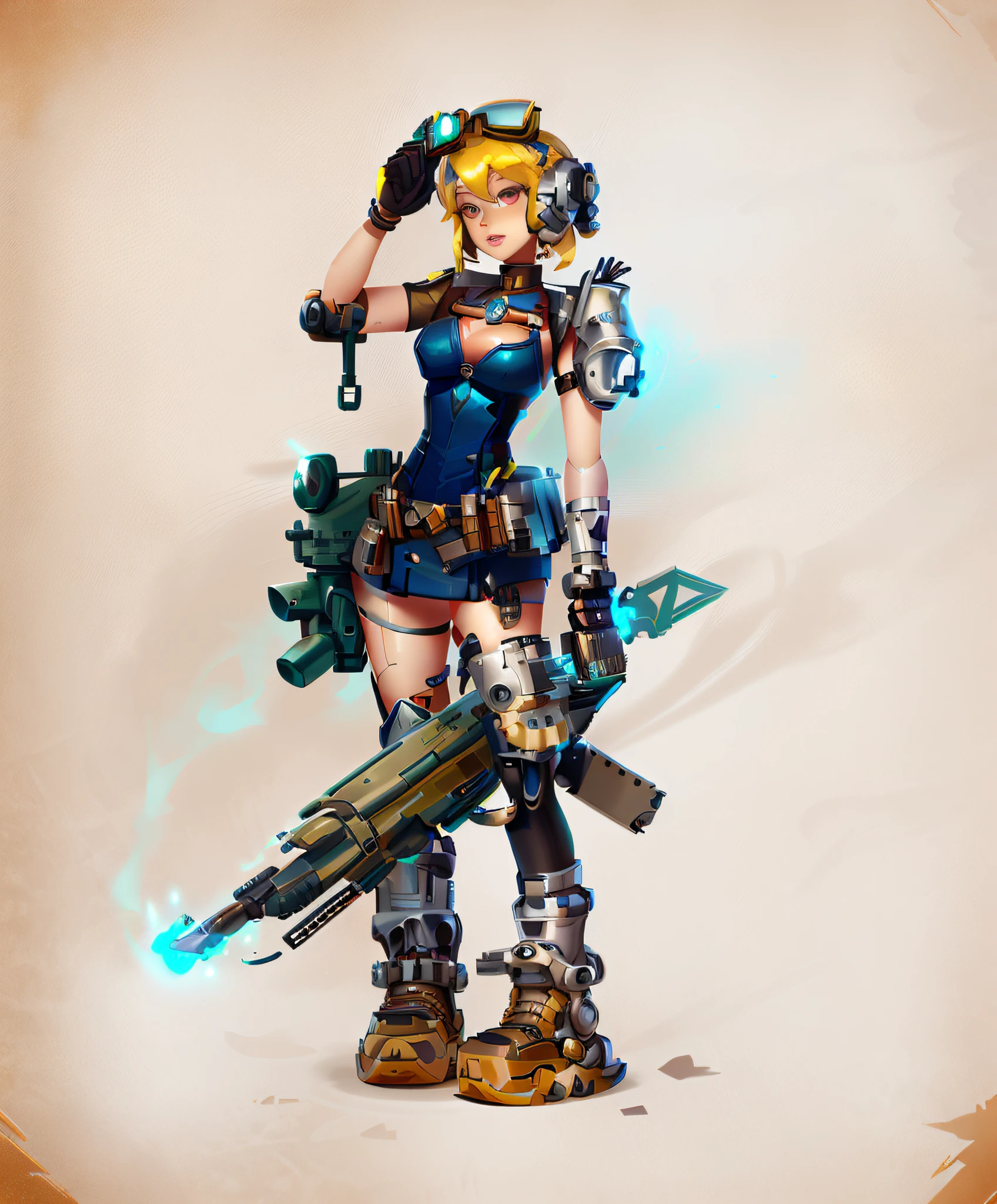 there is a woman with a gun and a gun in her hand, mechanized valkyrie girl, maple story gun girl, mechanized soldier girl, colorful sci-fi steampunk, dieselpunk art style, modern concept art, candypunk character design, steampunk pin-up girl, junker queen from overwatch, illustration concept art, dieselpunk soldier girl, mechanized art concept