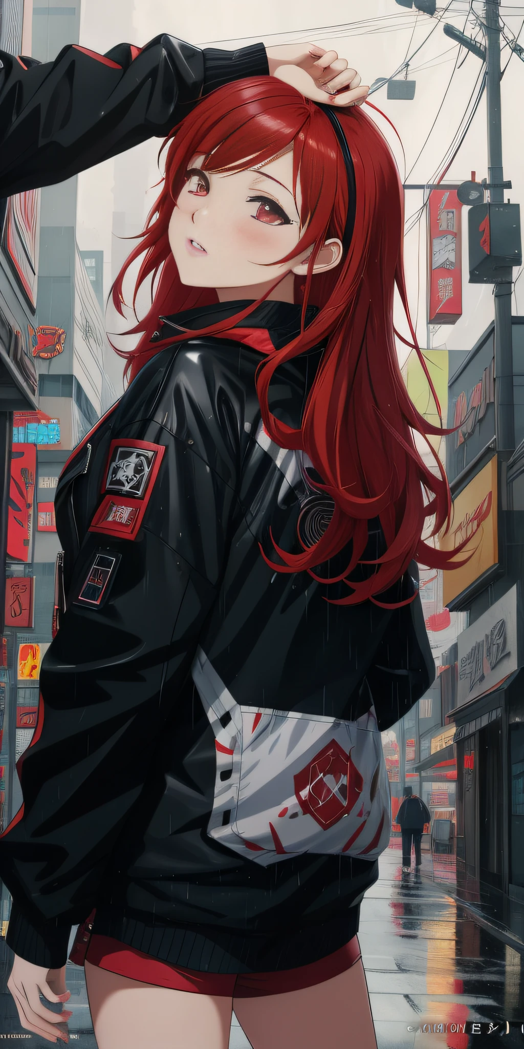 anime girl with red hair and black jacket standing in the rain, detailed digital anime art, anime style 4 k, digital cyberpunk anime art, anime style illustration, anime art wallpaper 8 k, artwork in the style of guweiz, anime art wallpaper 4k, anime art wallpaper 4 k, clean detailed anime art, cyberpunk anime art, urban girl fanart, digital anime illustration