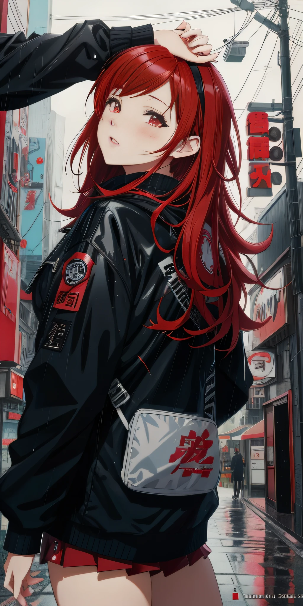 anime girl with red hair and black jacket standing in the rain, detailed digital anime art, anime style 4 k, digital cyberpunk anime art, anime style illustration, anime art wallpaper 8 k, artwork in the style of guweiz, anime art wallpaper 4k, anime art wallpaper 4 k, clean detailed anime art, cyberpunk anime art, urban girl fanart, digital anime illustration