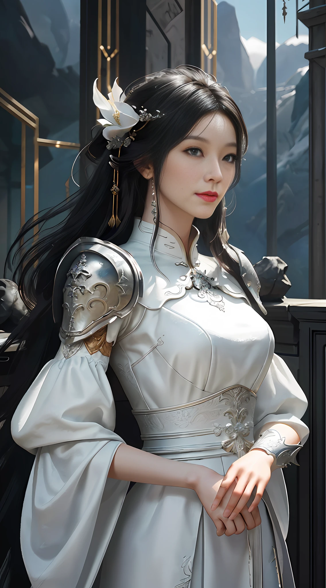Close-up of a woman in a white dress, black hair, Cheng Wei Pan on ArtStation, by Yang J, detailed fantasy art, stunning character art, fan art best art, epic exquisite character art, beautiful armor, extremely detailed art germ, detailed realistic style, artgerm on artstation pixiv, armor girl, smile, look at the audience