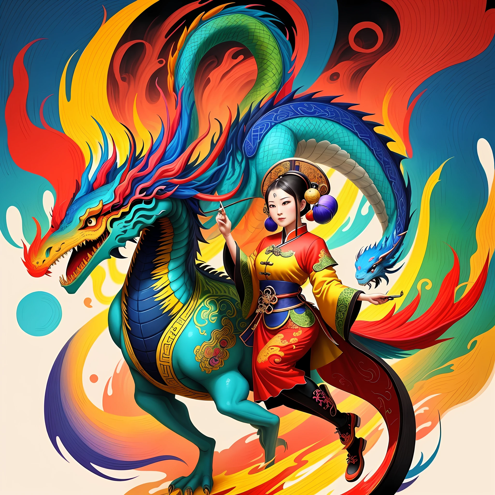 painting of a colorful oriental painting with a woman and a dragon, colourful!! highly detailed, inspired by Lu Guang, inspired by Gao Kegong, colorful doodle art, inspired by Pu Hua, highly intricate and colorful, inspired by Wu Bin, colored ink drawing, inspired by Yang Buzhi, journey to the west. pop art, inspired by Gong Xian