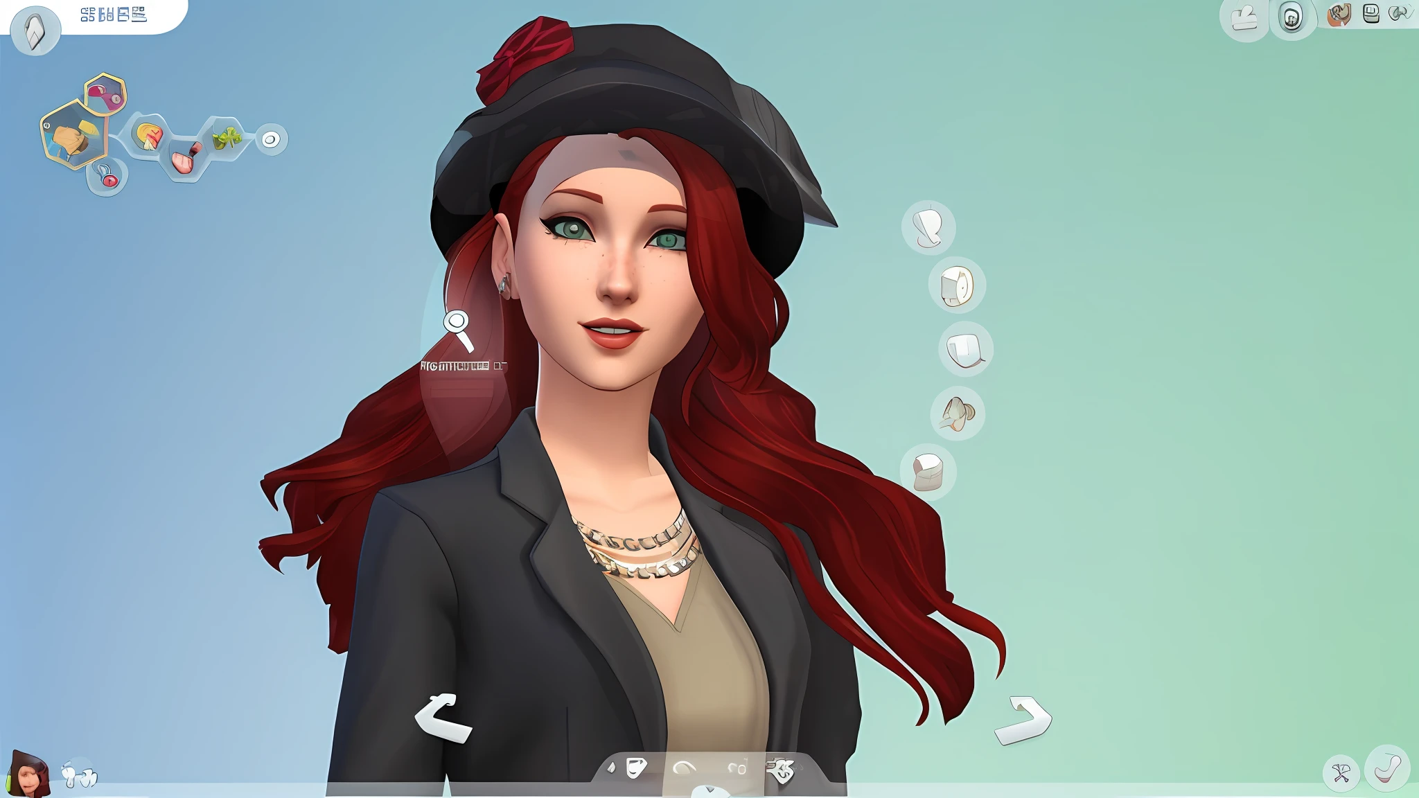 a close up of a person with red hair wearing a hat, inspired by Sim Sa-jeong, sims 4 screenshot, the sims 4, the sims 4 texture, she has red hair, female character, fashion gameplay screenshot, wearing a beret, black beret, she has long redorange hair, wearing a chocker and cute hat, red haired girl, wearing a bowler hat
