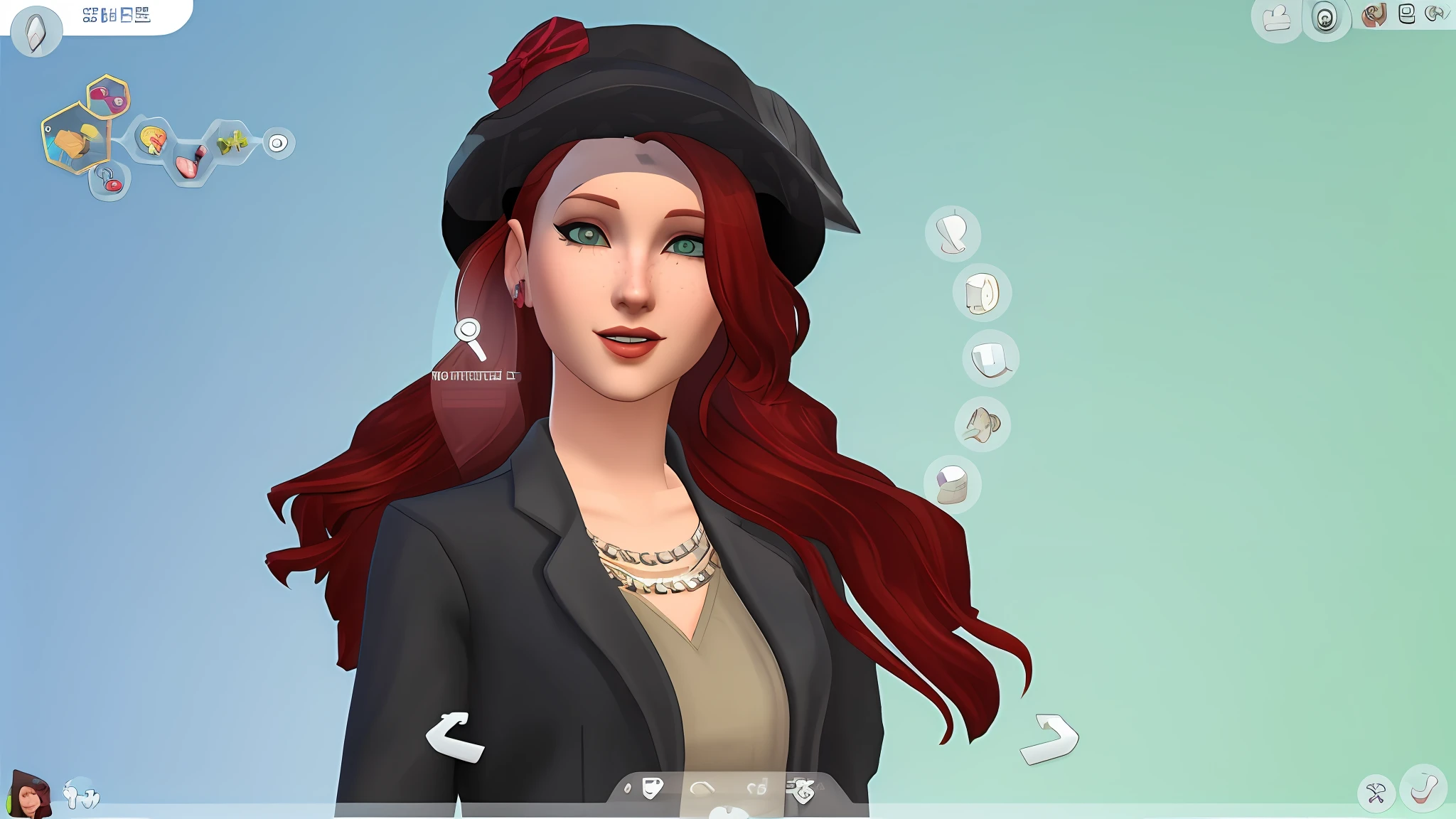 a close up of a person with red hair wearing a hat, inspired by Sim Sa-jeong, sims 4 screenshot, the sims 4, the sims 4 texture, she has red hair, female character, fashion gameplay screenshot, wearing a beret, black beret, she has long redorange hair, wearing a chocker and cute hat, red haired girl, wearing a bowler hat