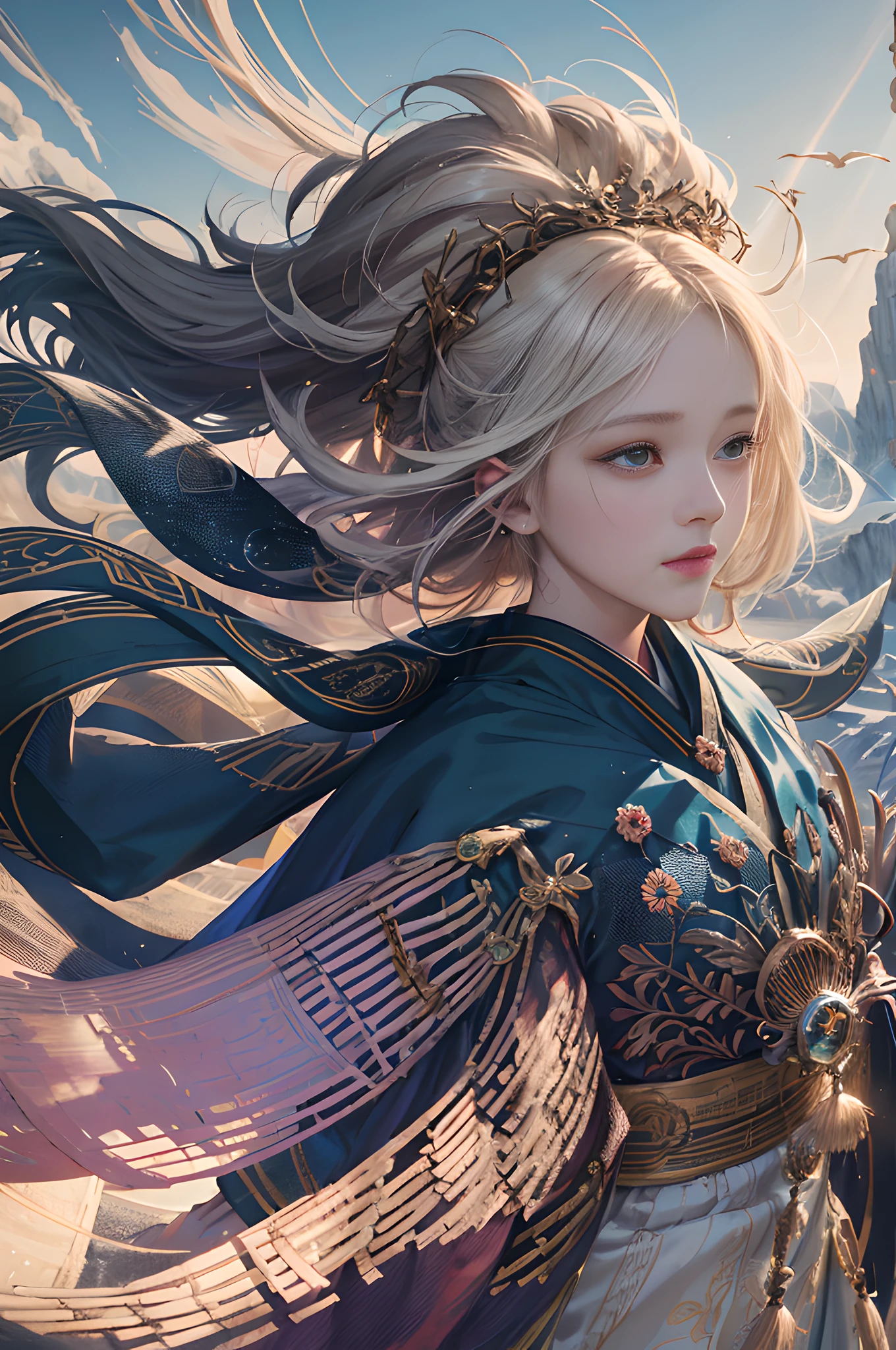 official art, unity 8k wallpaper, (high detail), beautiful and aesthetic, masterpiece, best quality,realistic, mage, feathered fan, wind spell, mountain, hanfu Delicate Illumination, Soft Highlights, Understated Depth, lightonface,cinemalights,professionallighting,photonmapping,radiosity,