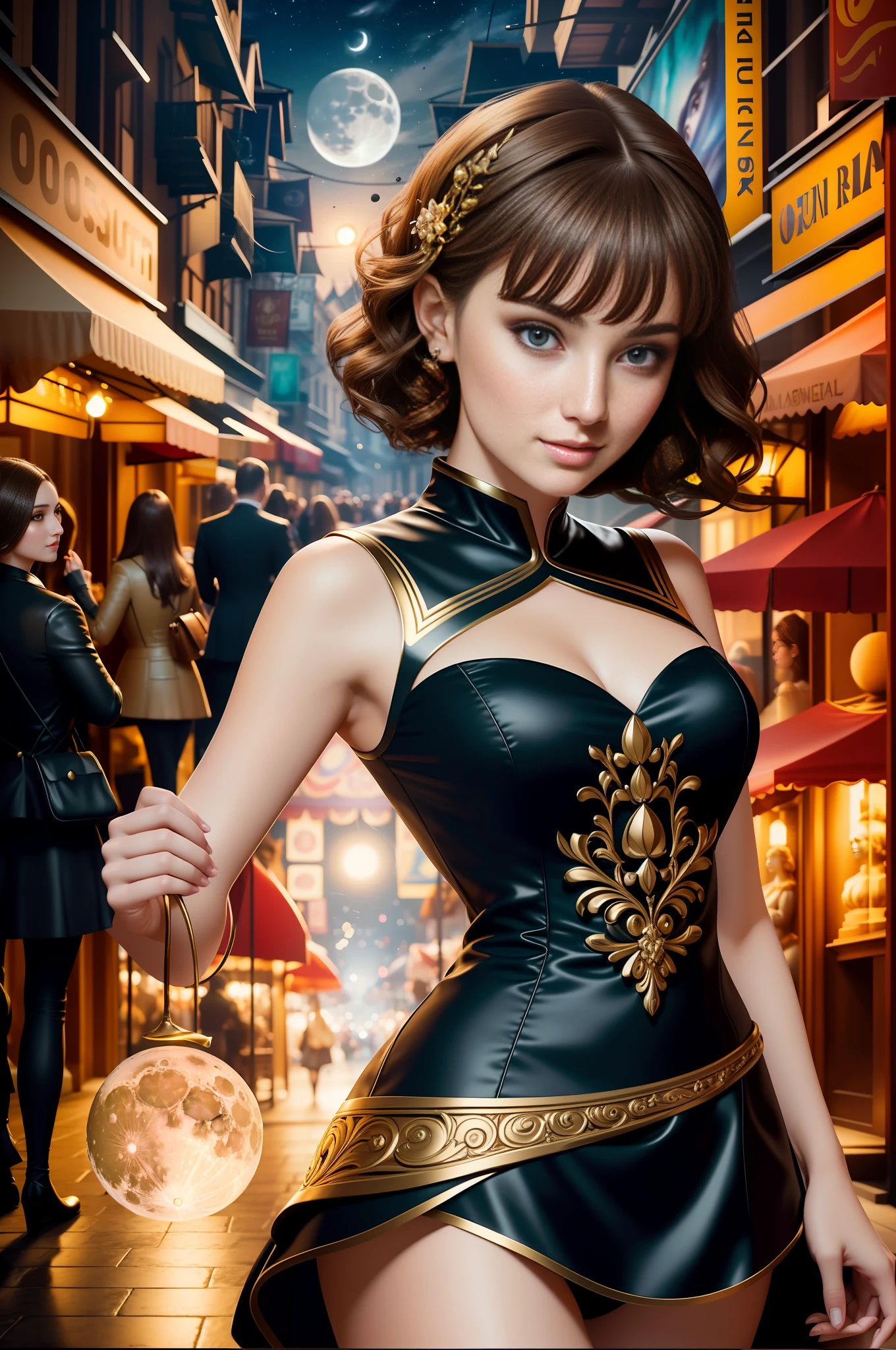 best quality, masterpiece, ultra resolution, (unreal engine: 1.4, realistic: 1.4), original photo, masterpiece, best quality, super detail, Illustrations, (bust shot, street, moon light), masterpiece, 1girl, solo exhibition, beautiful woman on bustling street, surrounded by vendors, beautiful goddess girl portrait, beautiful and detailed face, porcelain skin, ((bust lens, center, night, brunette hair, short hair)), super soft lighting, symmetry, complexity, elegance, high detail, realism , art, concept art, smile, fantasy costume, super fine costume,