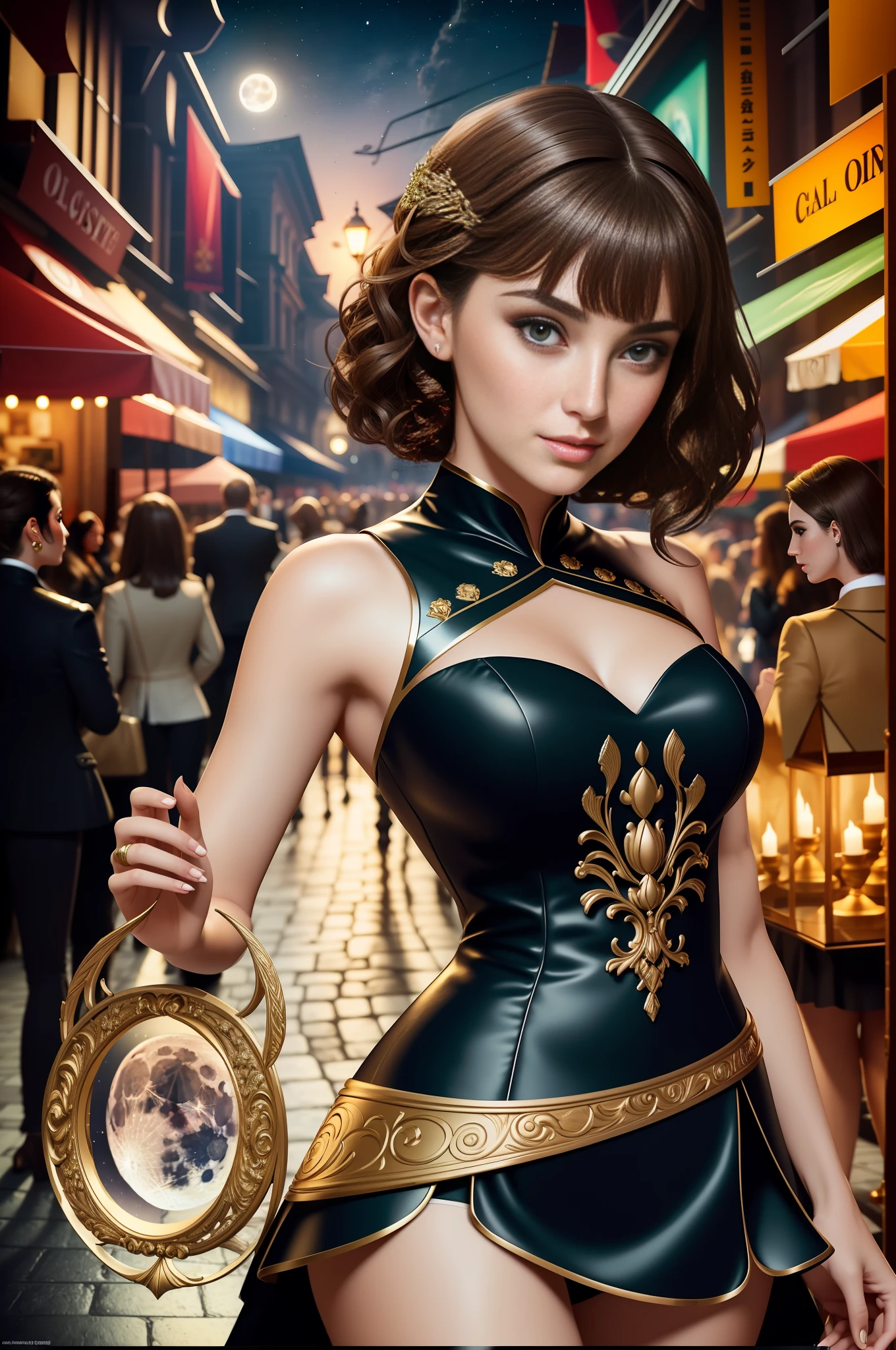 best quality, masterpiece, ultra resolution, (unreal engine: 1.4, realistic: 1.4), original photo, masterpiece, best quality, super detail, Illustrations, (bust shot, street, moon light), masterpiece, 1girl, solo exhibition, beautiful woman on bustling street, surrounded by vendors, beautiful goddess girl portrait, beautiful and detailed face, porcelain skin, ((bust lens, center, night, brunette hair, short hair)), super soft lighting, symmetry, complexity, elegance, high detail, realism , art, concept art, smile, fantasy costume, super fine costume,