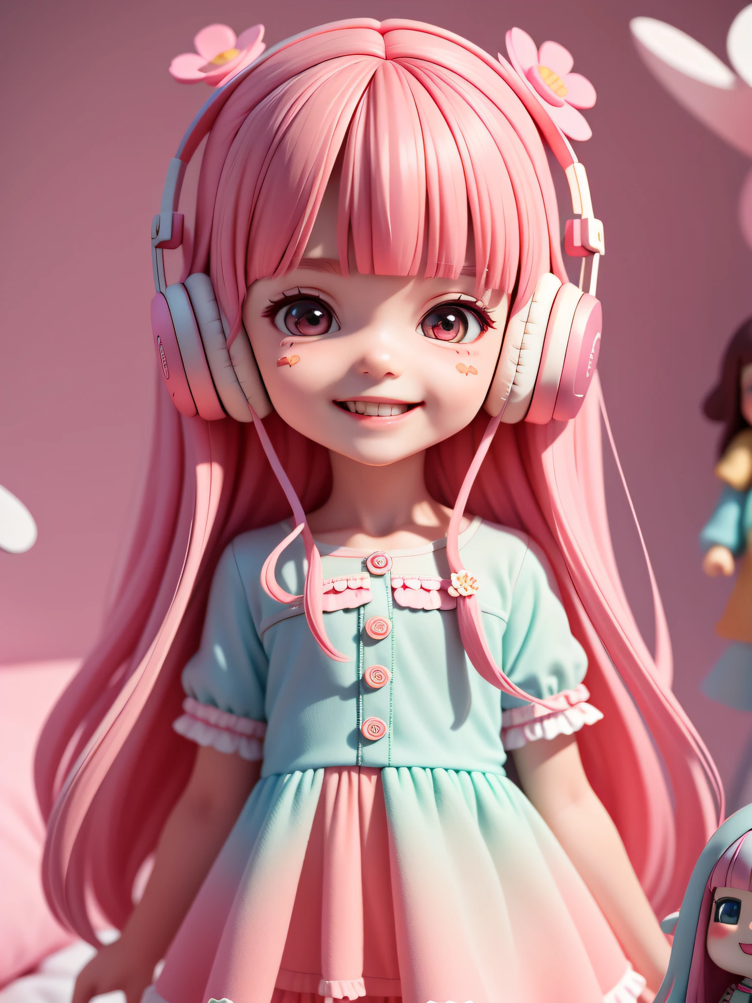 (Masterpiece), (Best Quality), (Ultra Detailed),,
cute, smile, open mouth, flower, bedroom, jacket, blush, :3, shirt, long hair, blurred, pink hair, blush sticker, short sleeves, bangs, headphones, brunette hair, lot of toy people, in hide and seek
(beautiful delicate face), (beautiful detail eyes),