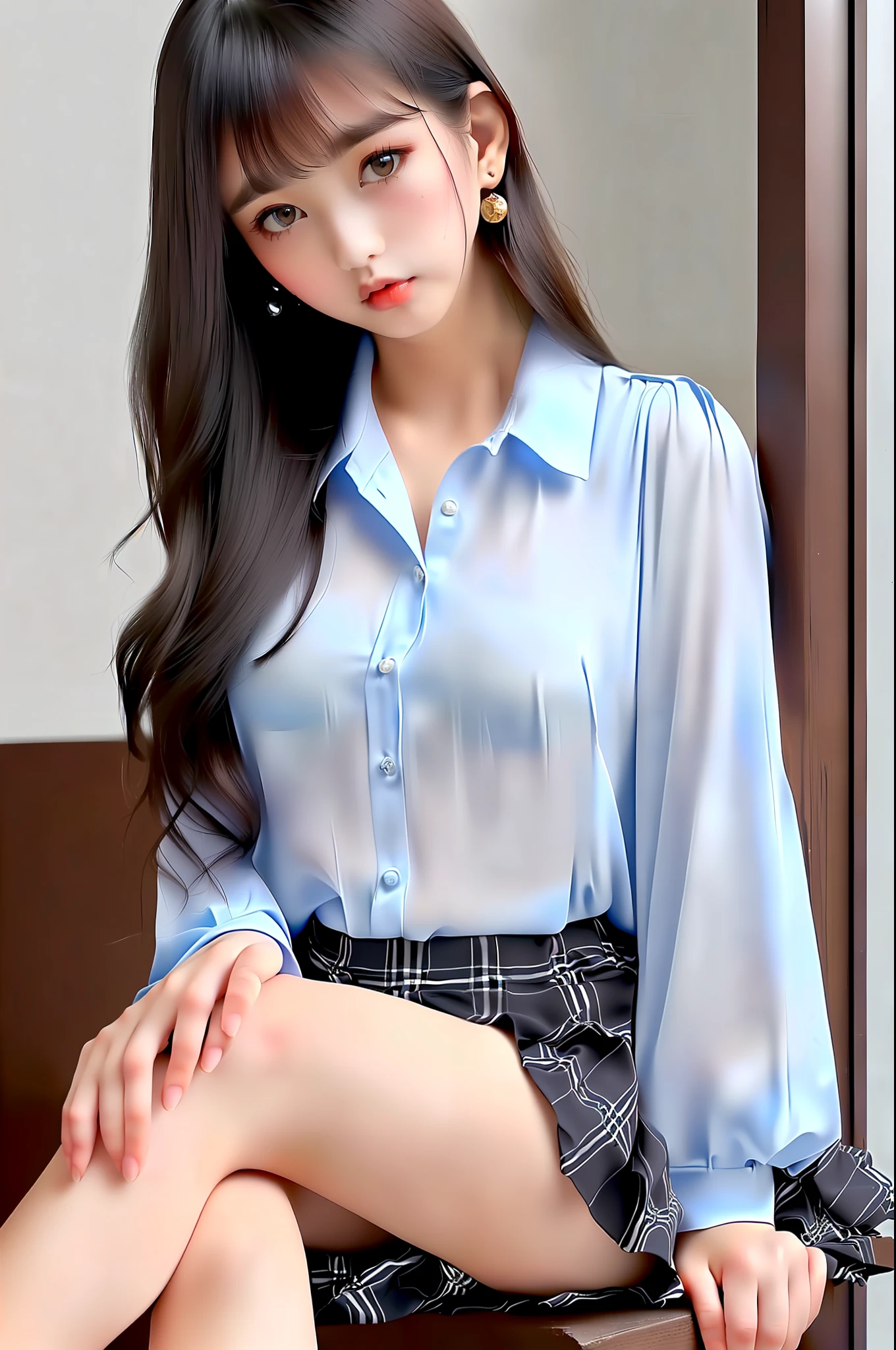 Masterpiece, top quality, characteristics of the whole body (saukztf: 1.3), brown shoulder-length hair, bangs, big eyes, parted lips, black eyes, uniform, white blouse, rain, soaked, blouse on bare skin, light blue underwear, sheer, dripping water droplets, small, plaid pattern, gray colored pleated skirt, bent over with legs open, ,