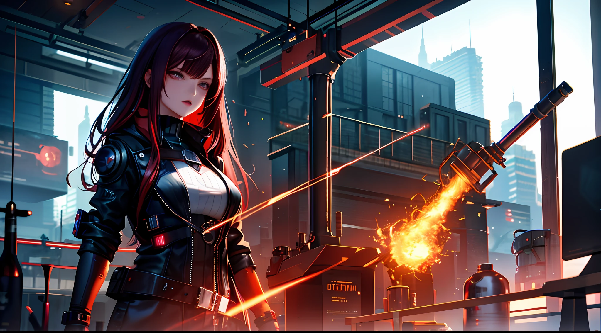 beautiful girl, red dark hair, cyberpunk alchemy laboratory full of potions, hyper-realistic, highly detailed, cinematic lighting, sharp focus, highest aperture, Arnold render, Unreal engine, masterpiece, UHD image, 3D