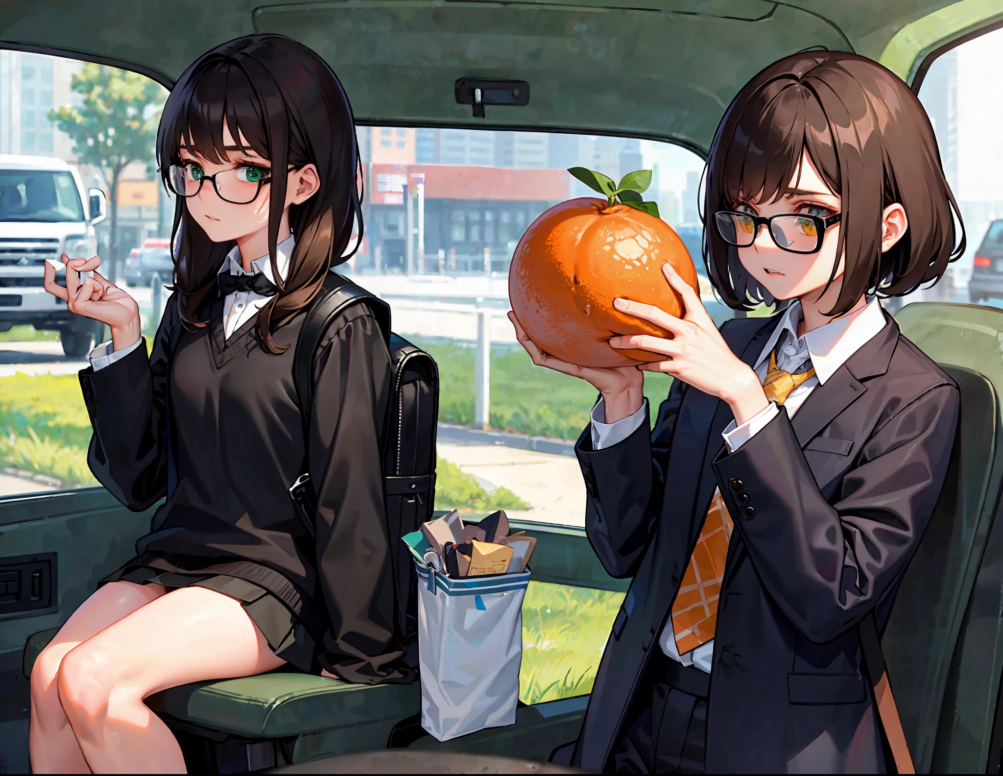 The girl was carrying a black backpack, wearing a green coat, black slacks, a white shirt with a short dark blue tie, a beige V-neck sweater over it, black glasses, chestnut-brown hair, and mid-split shawl hair, sitting in the passenger seat of a truck, the driver was an elderly man, and the truck was carrying oranges