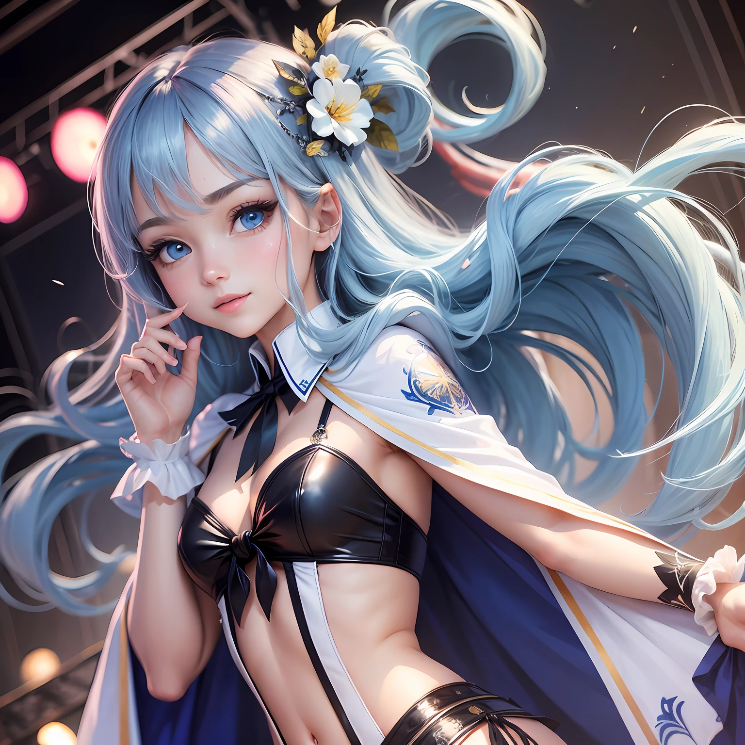 ((Masterpiece)), ((Best Quality)), (Ultra Detailed), ((Lively)), ((Diva)), Best Quality,1 Girl, Blue Eyes, Fair Skin, Detailed Face, Straight Hair, Long Hair, Sky Blue Hair,White Cape,Princess Line,Black String Tie,Bangs Above One Eye, Small,((Skinny)), (Detail)+, (Real)-, Smile, Dynamic Pose, Sky blue dress,sexy and beautiful, high detail eyes, on stage,wind, (colorful light)++, blush + --auto --s2