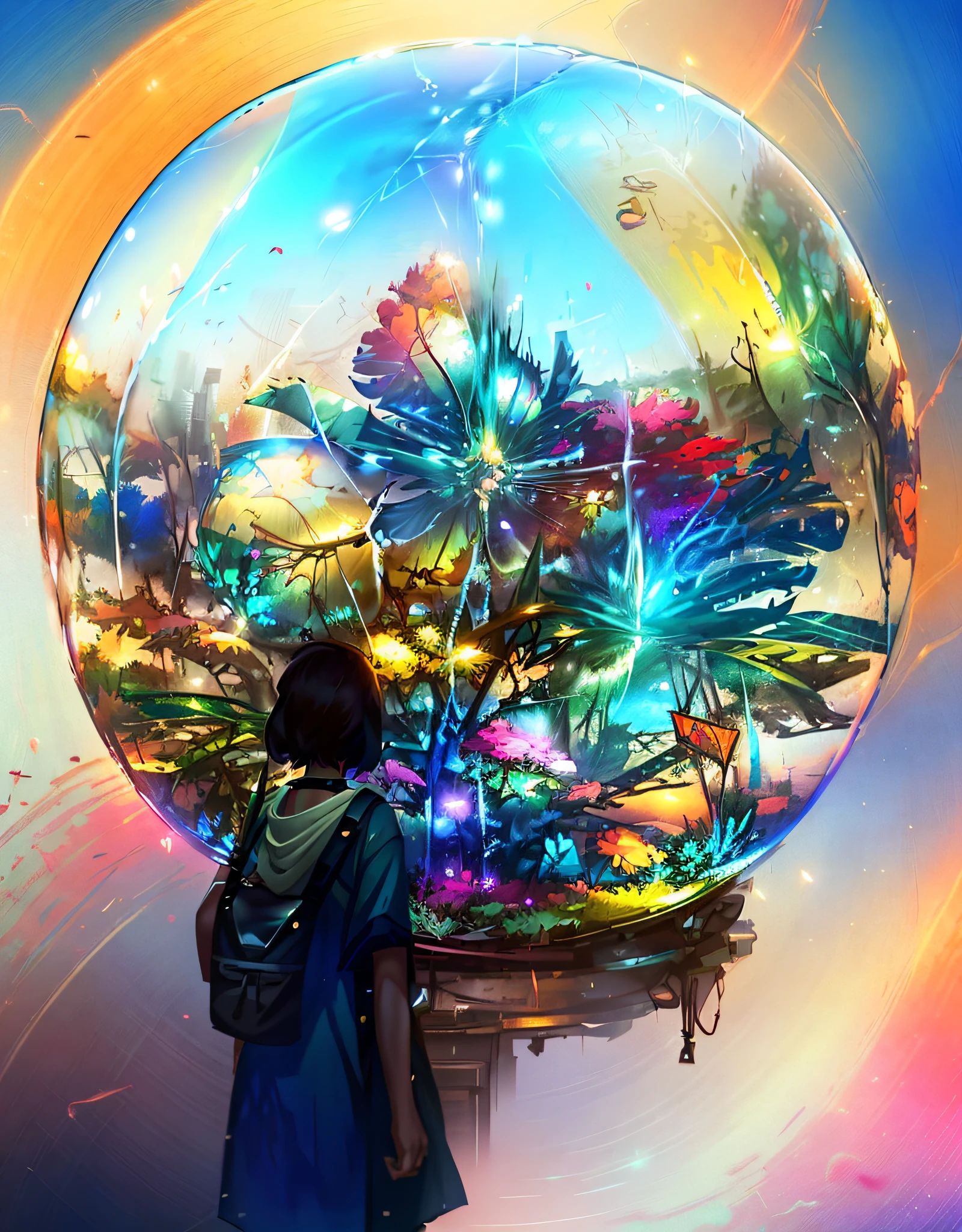 there is a woman standing in front of a glass bowl with flowers inside, dreamy psychedelic anime, makoto shinkai cyril rolando, overgrowth. by makoto shinkai, realism | beeple, studio glibly makoto shinkai, ( ( makoto shinkai ) ), beautiful anime scene, artgem and beeple masterpiece