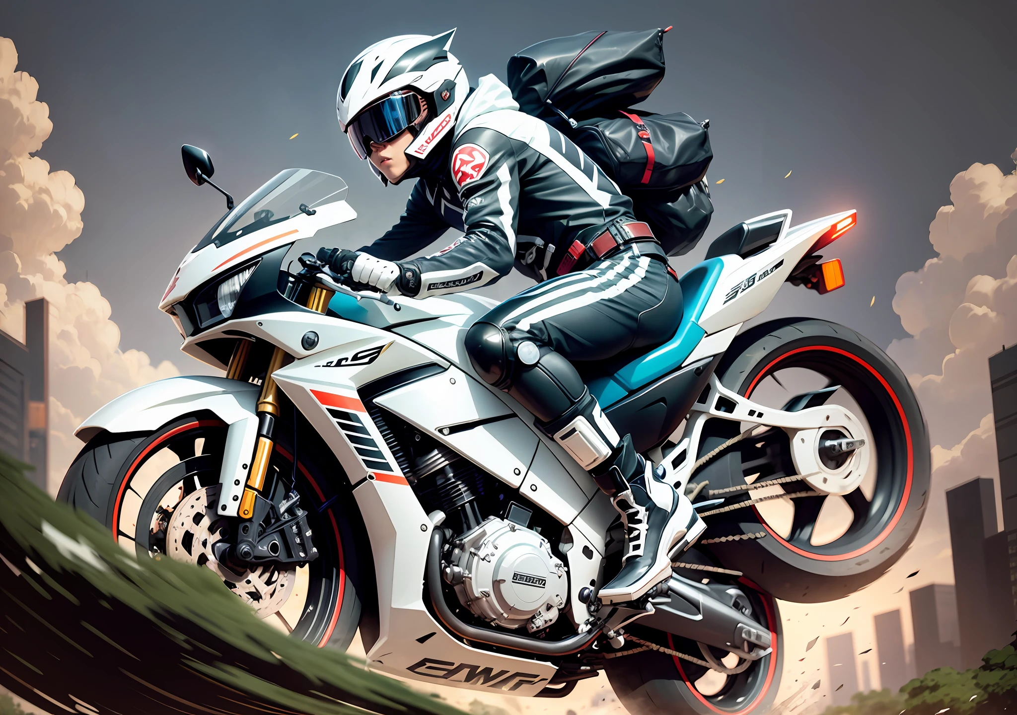 Running on a 750cc motorcycle, cool, graceful, beautiful, Japanese male, full cowling, futuristic helmet, skinny 20 years old, background is white, black motorcycle, skull mark, anime, futuristic glasses --auto --s2