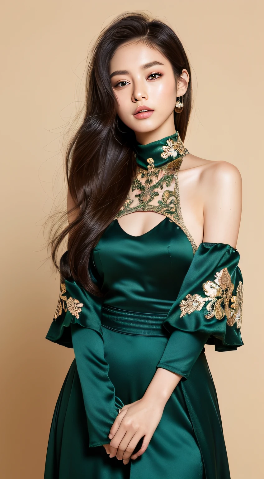 ((Top Quality, 8k, Masterpiece: 1.3)), (BRAV5:1.5)), Japan 1 Woman, (Full Body Photo: 2.0)), Full Body Portrait, Shot from Below, (Nipple Shadow: 3.5), , Beautiful Girl with Slender Emphasis: 1.3, , (Very Thin Waist), Thin Waist, (Hairstyle Short, Small Breasts: 1.2), ( Very Slender Abs: 1.1)), (( Dark green turtleneck halter neck: 2.6, off-shoulder long dress with floral pattern: 3.5, satin fabric, gold embroidery on the chest: 2.5)), ((headband with a gold ornament)), (nipple shadow: 1.3), shot in a photo studio, ultra-detailed face, detailed eyes, double eyelids,