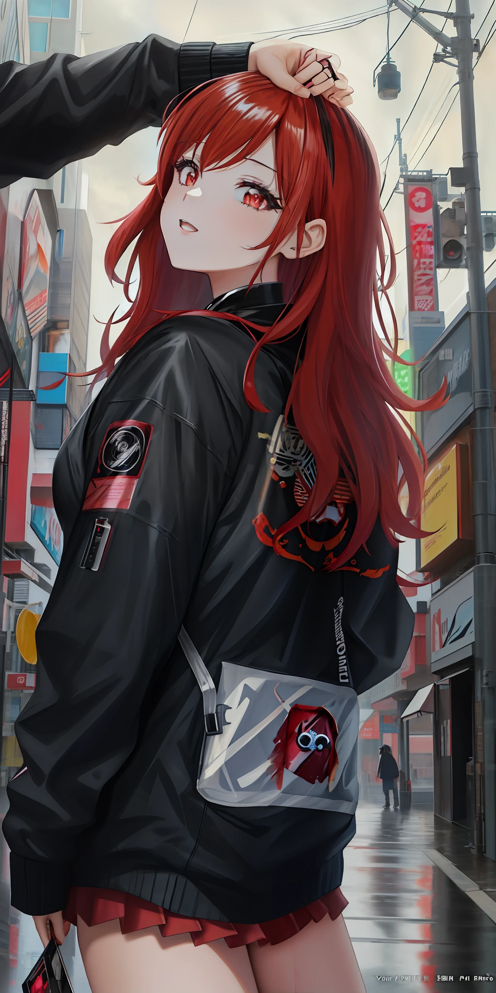 anime girl with red hair and black jacket standing in the rain, detailed digital anime art, anime style 4 k, digital cyberpunk anime art, anime style illustration, anime art wallpaper 8 k, artwork in the style of guweiz, anime art wallpaper 4 k, anime art wallpaper 4k, clean detailed anime art, cyberpunk anime art, digital anime illustration