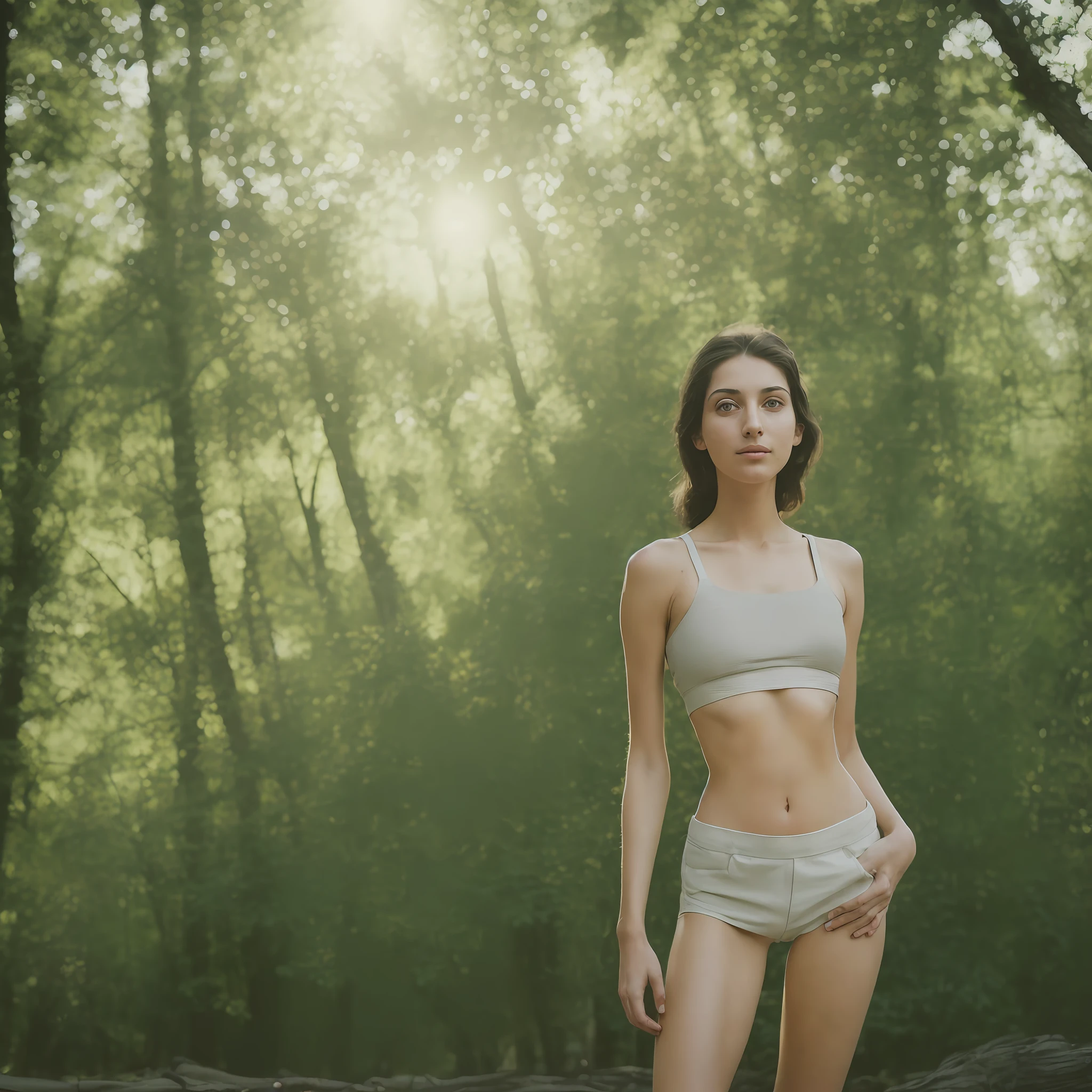 ((RAW, analog style), very detailed full body color photo of 22 year old girl, beautiful face, beautiful eyes, (small nose), big natural lips, (fabric crop top), small , slim body, outdoor, wood, (film grain, skin detail, detailed skin texture, 8K HDR, DSLR)