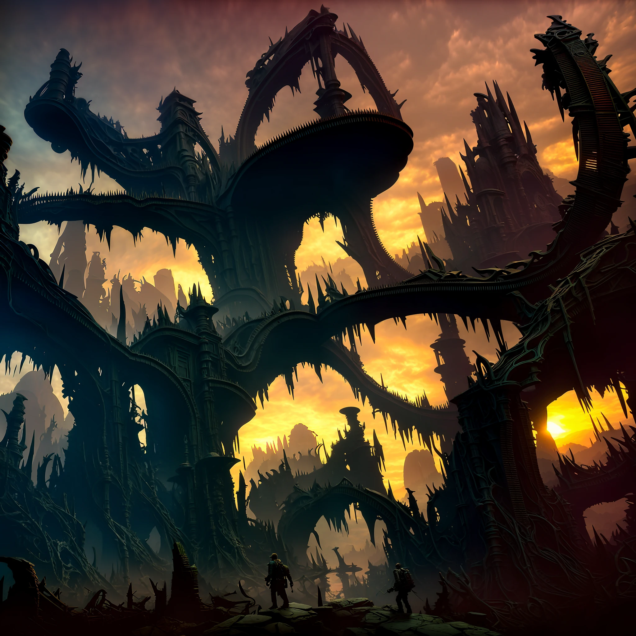 wide angle: horror art, dark valley with futurist biomechanical sculptures by dariusz Zawadzki, by danny ingrassia, a hyperdetailed painting, Artstation contest winner, gothic art