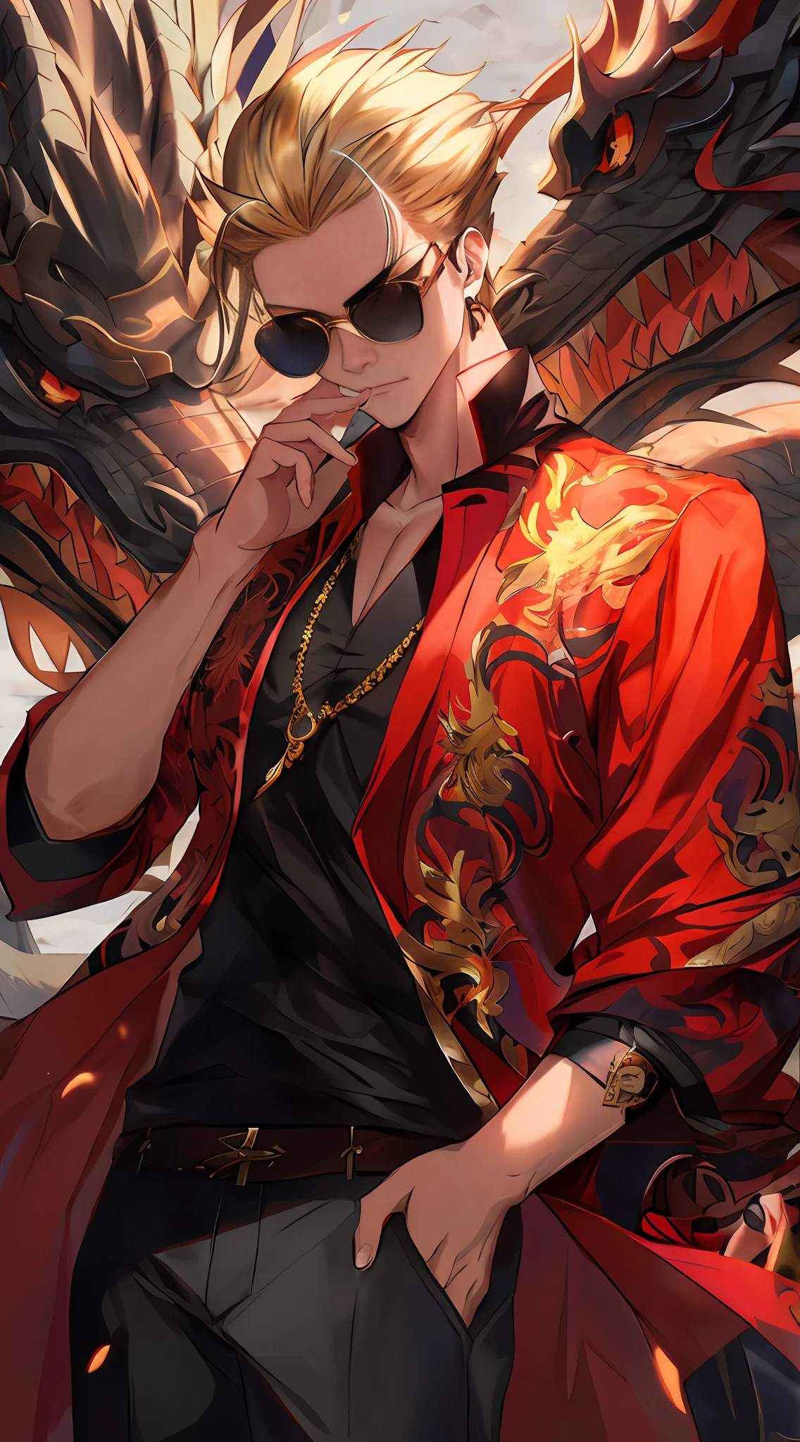 anime - style image of a man with a red jacket and sunglasses, detailed digital anime art, badass anime 8 k, by Yang J, handsome guy in demon slayer art, trending on artstation pixiv, anime style 4 k, 4 k manga wallpaper, detailed key anime art, detailed anime artwork, highly detailed exquisite fanart, anime art wallpaper 8 k