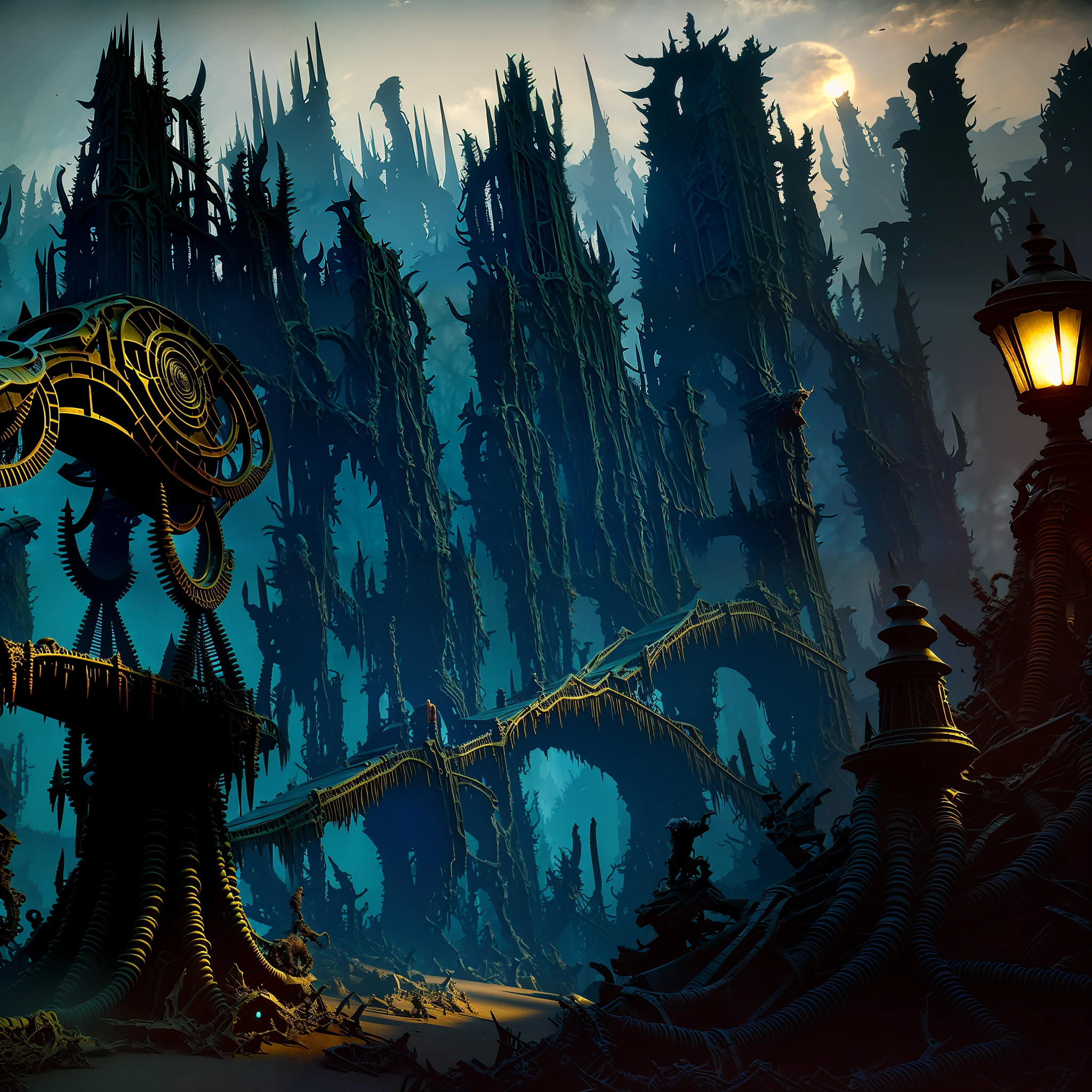 wide angle: horror art, dark valley with futurist biomechanical sculptures by dariusz Zawadzki, by danny ingrassia, a hyperdetailed painting, Artstation contest winner, gothic art