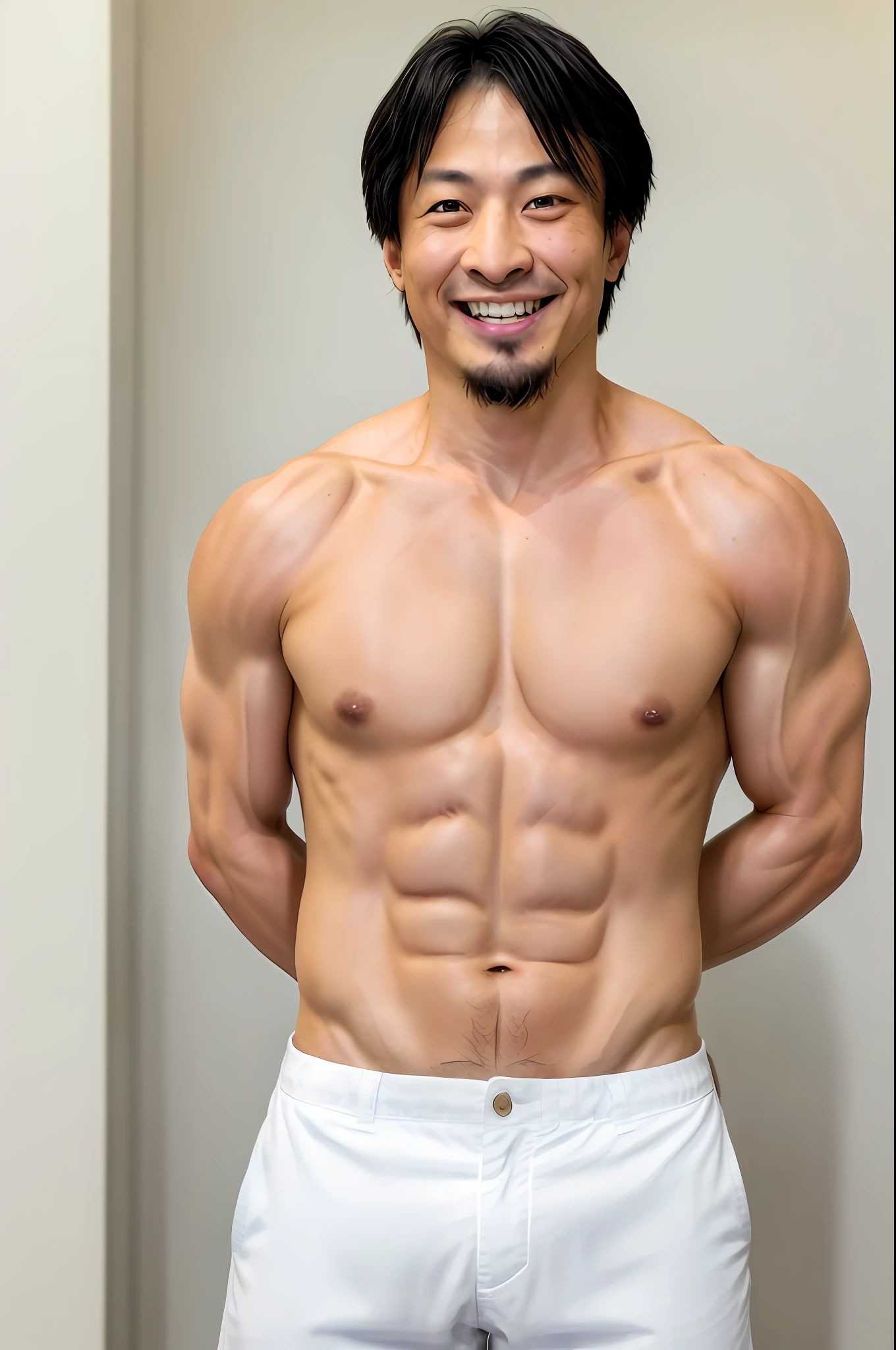 masterpiece, best quality, 1boy, man, hiroyuki, big muscular, pose, abs,  smile, white teeth, shiny, glistening, oil, from front, looking at viewer, topless,