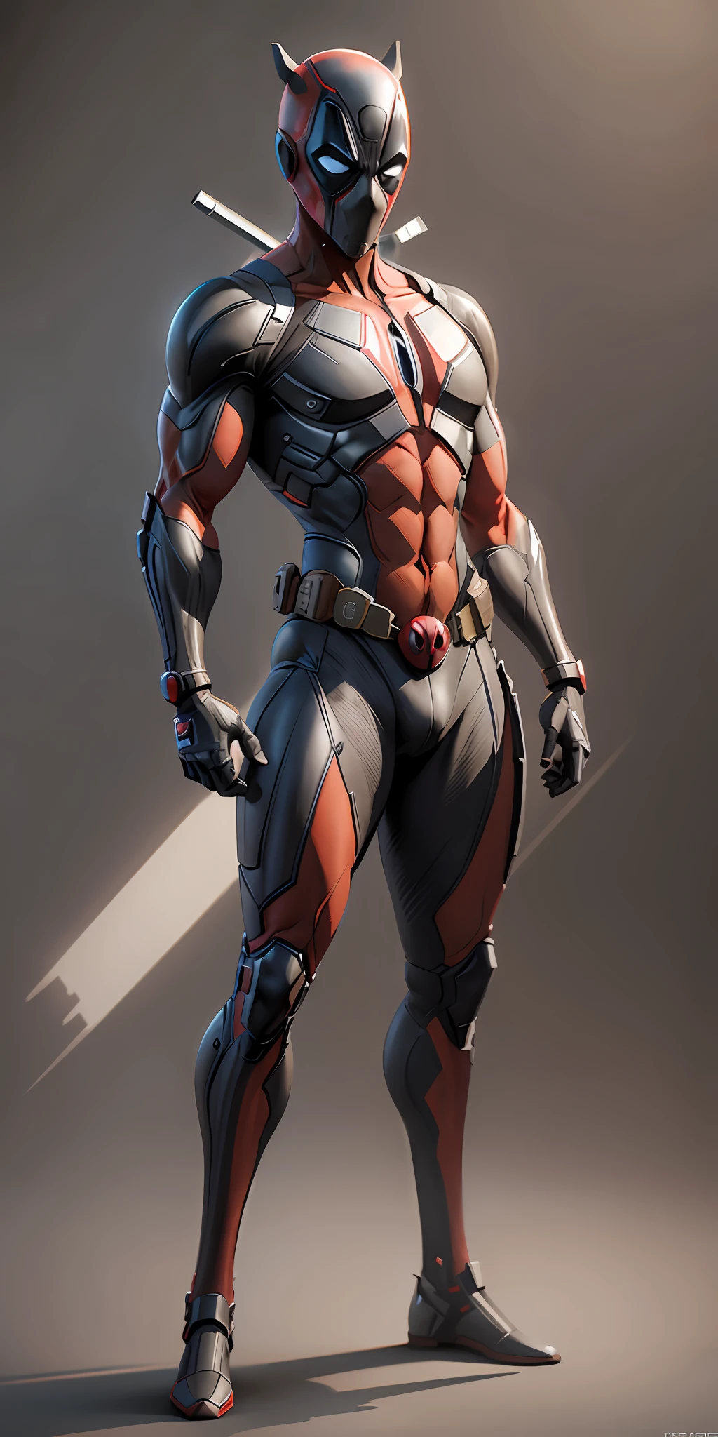 Deadpool from Marvel, frontal, full-length, looking at the camera, facing the audience, standing pose, simple background, three-dimensional light, detailed full-body concept, sleek digital concept art, beautiful full-body concept art, art trend, CGsociety full-length,